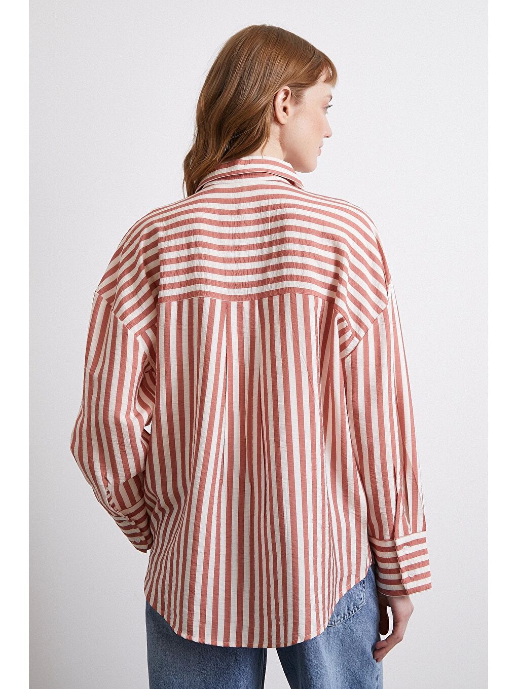 Kahverengi Çizgili T Kol Gömlek Kiremit-5