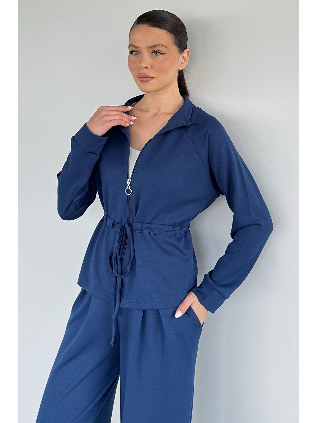 Lacivert Kadın Bel Büzgülü Kemerli Sweat Pantolon İkili Takım-2