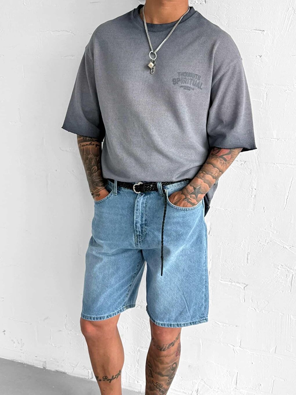 Erkek Yıkamalı Oversize Tişört Gri