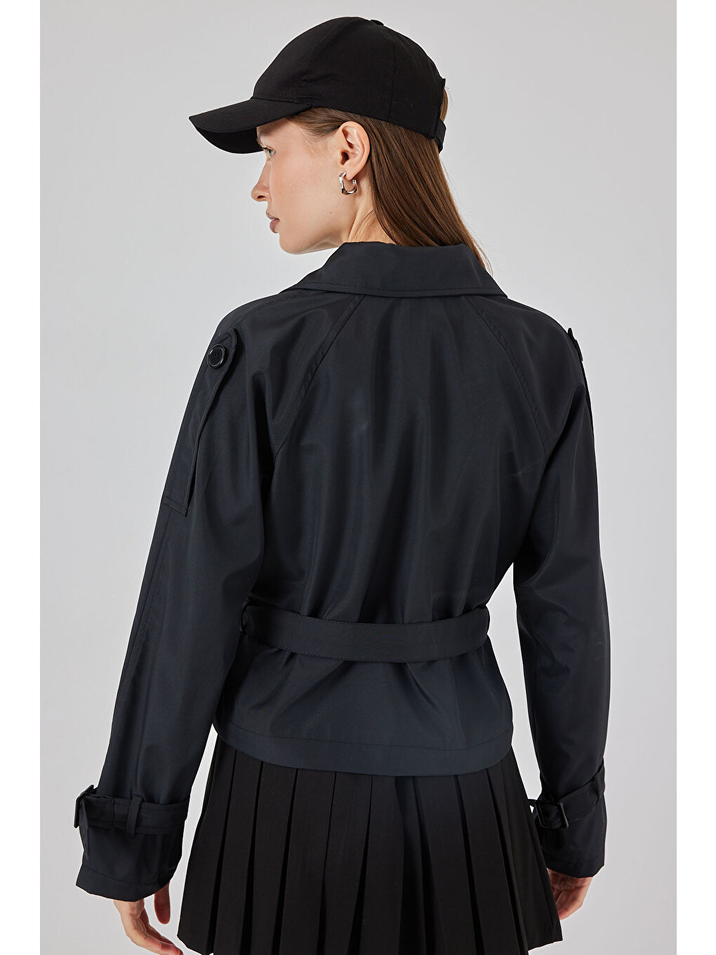 Kadın Kemerli Kısa Trençkot 5970 - Siyah-5