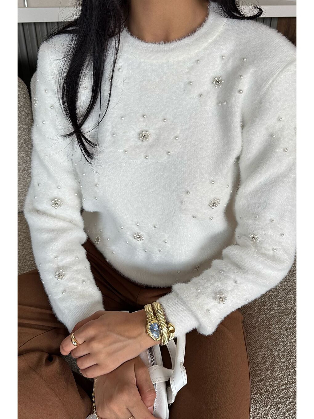 Ekru Kadın Çiçek Baskılı Taşlı Sakallı Triko Kazak (s-m-l Beden Uyumludur.)-1