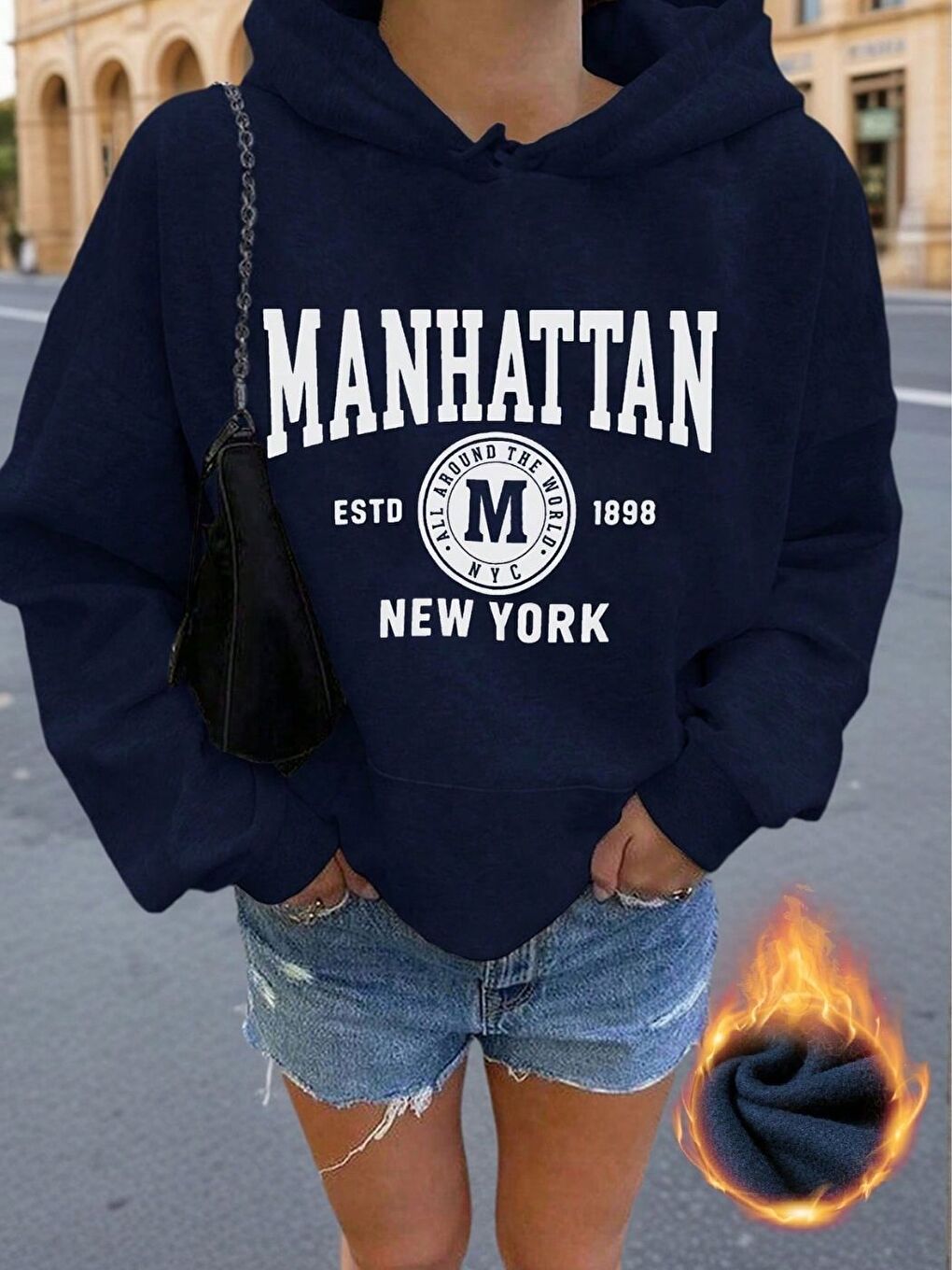 Lacivert Laci Manhattan Baskılı Kapüşonlu Oversize Sweatshirt