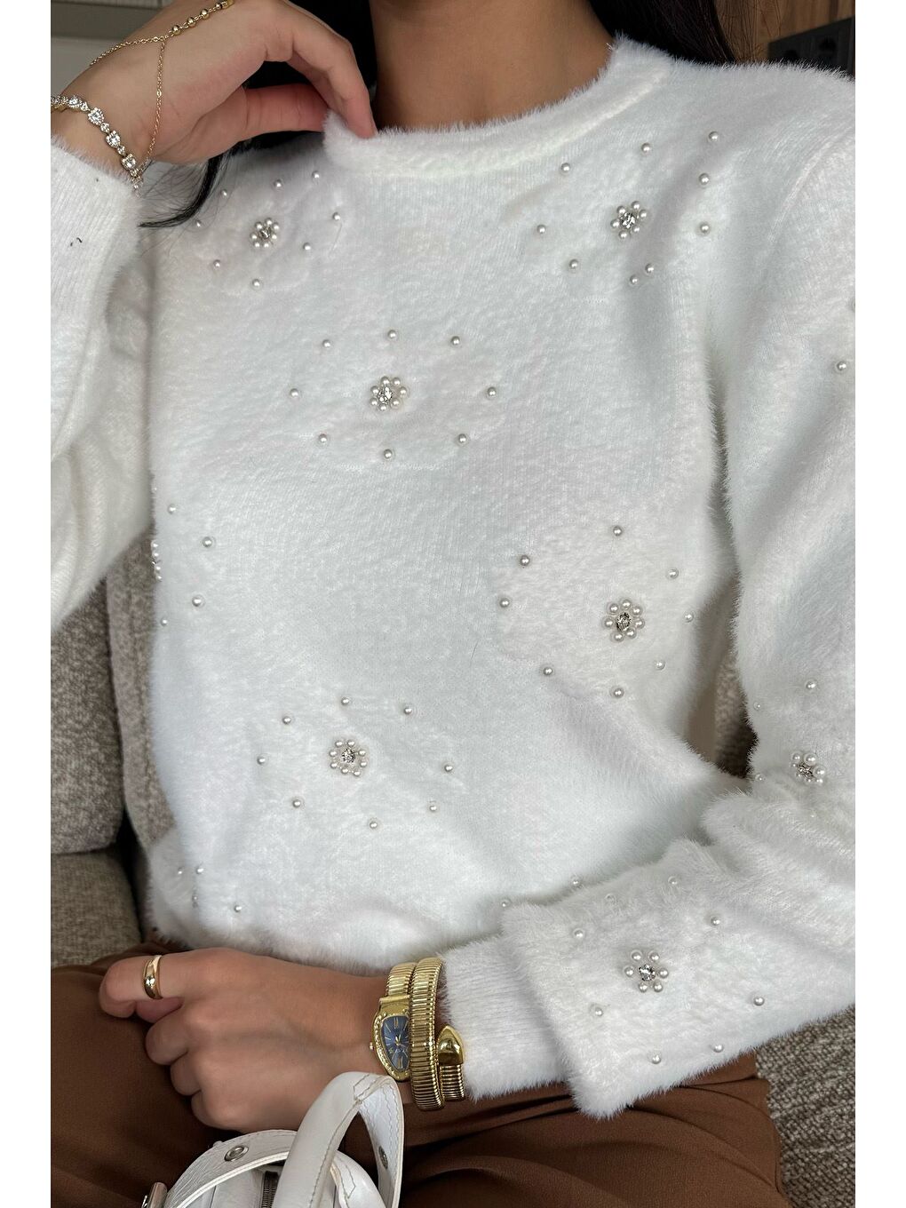 Ekru Kadın Çiçek Baskılı Taşlı Sakallı Triko Kazak (s-m-l Beden Uyumludur.)-2