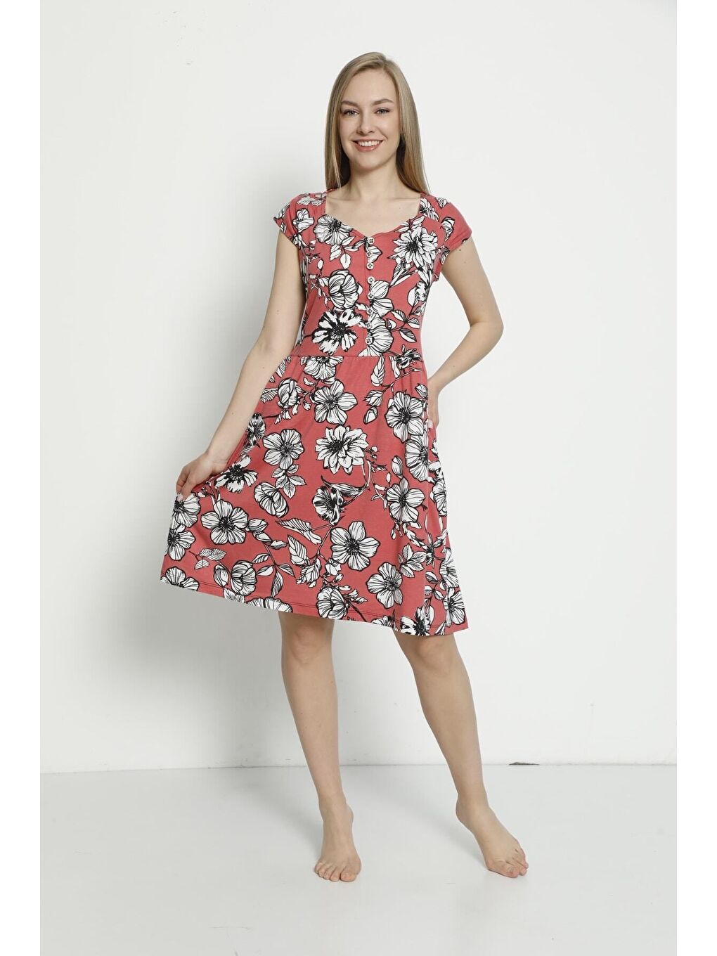 Kırmızı Kadın Kısa Kollu Desenli Düğmeli Cepli Penye Modal Pamuklu Elbise-1