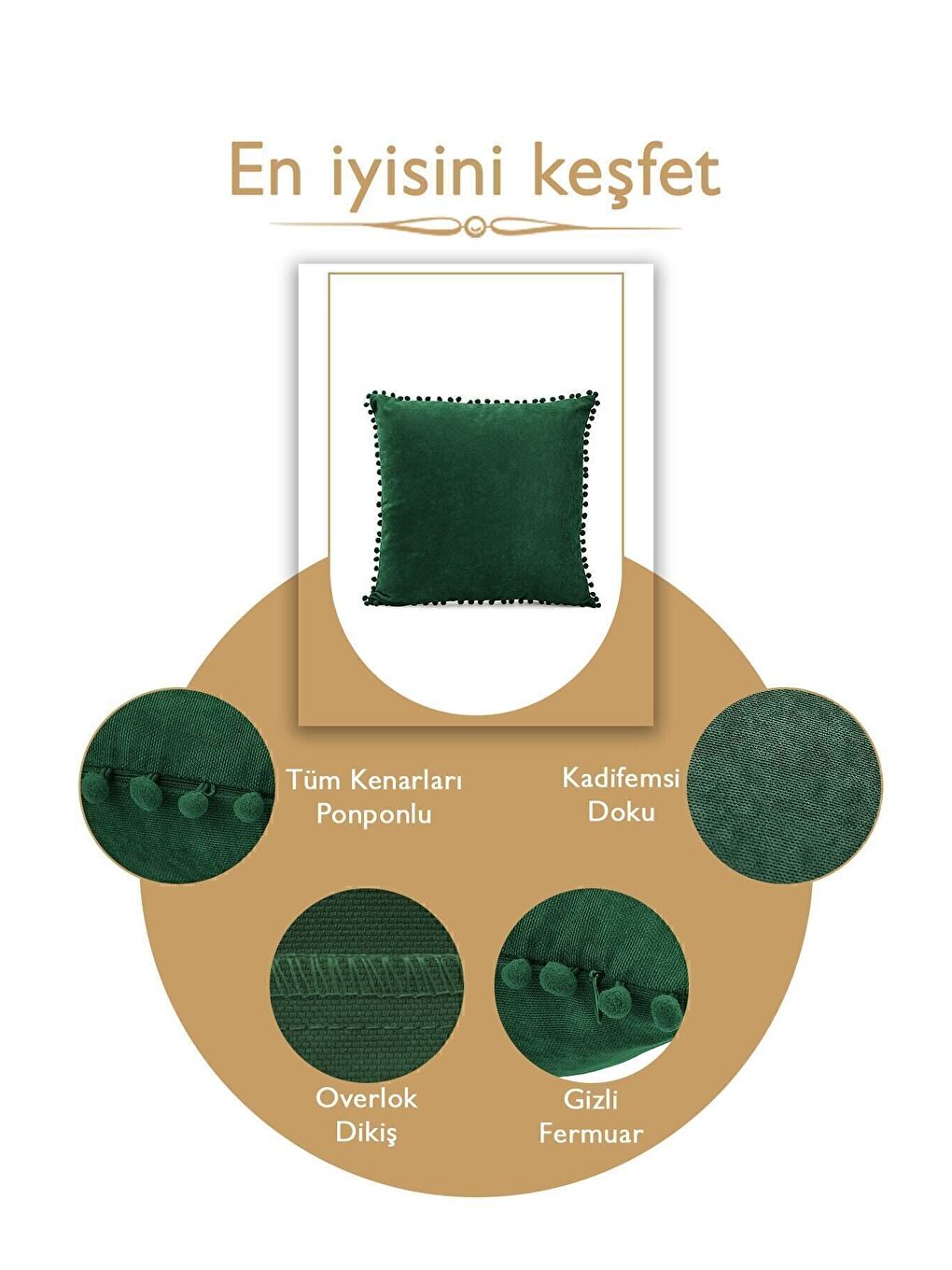Renk Ve Ölçü Seçenekli Yeşil Ponponlu Kırlent Kılıfı Dekoratif Düz Sade Punch Panoroma-4