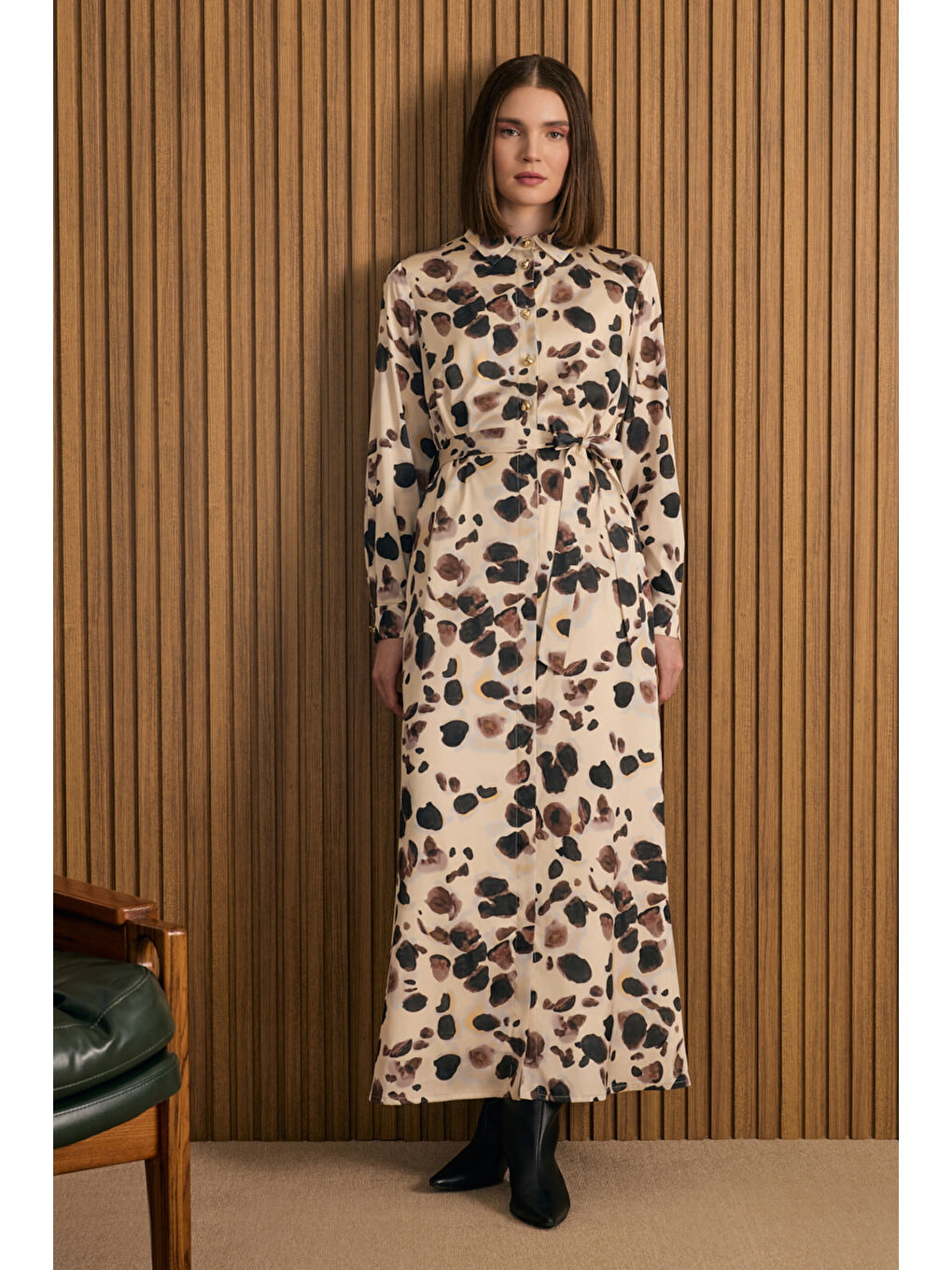 Ekru Desenli Elbise-1