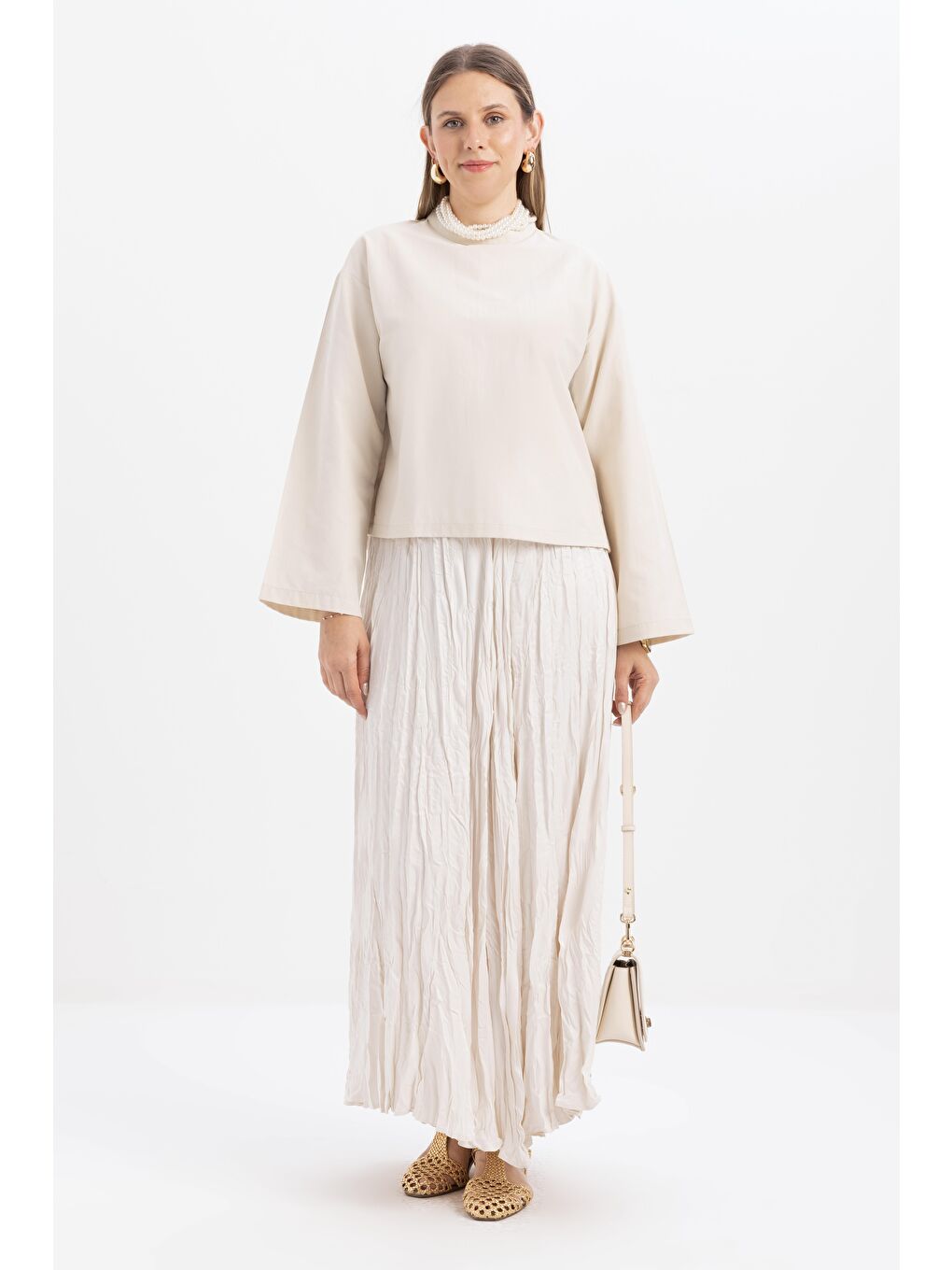 Bej Taş-Gizli Fermuarlı Yırtmaçlı Bluz-1