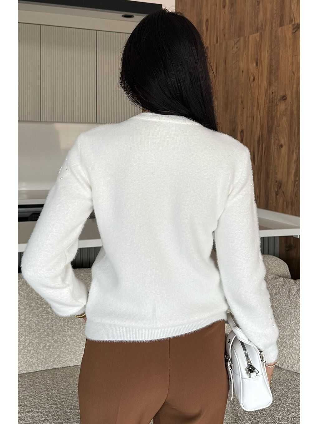 Ekru Kadın Çiçek Baskılı Taşlı Sakallı Triko Kazak (s-m-l Beden Uyumludur.)-3