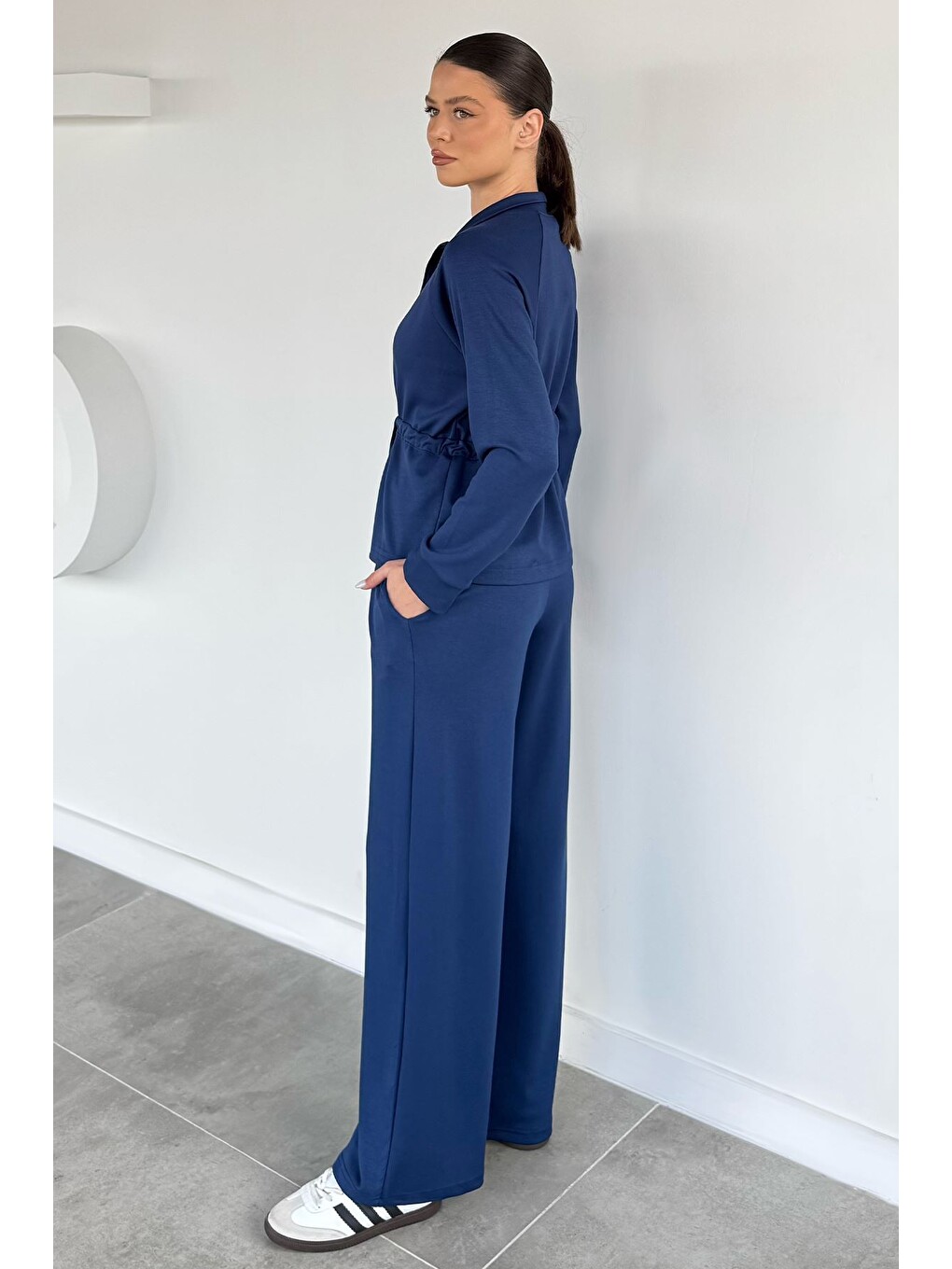 Lacivert Kadın Bel Büzgülü Kemerli Sweat Pantolon İkili Takım-3
