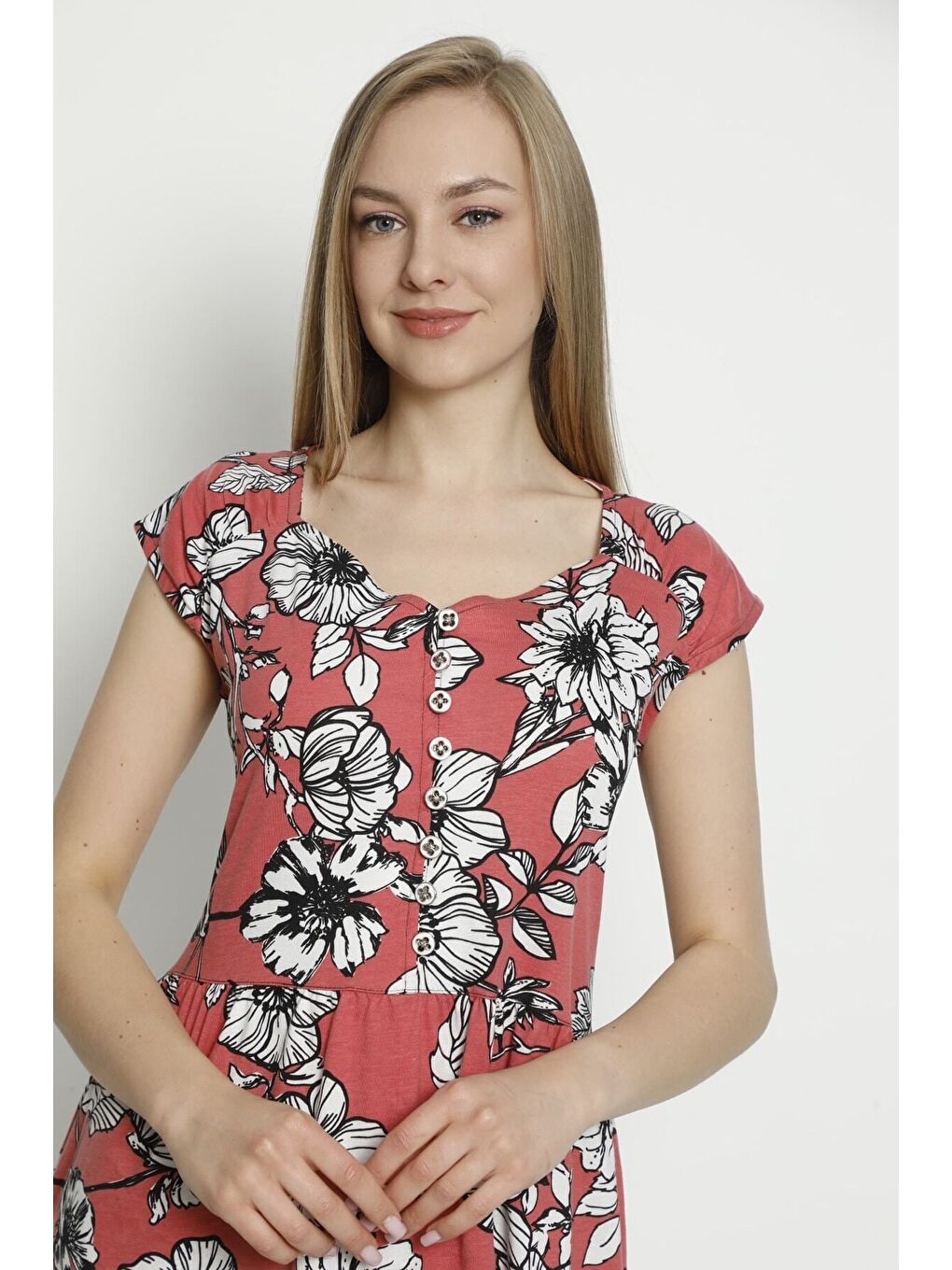 Kırmızı Kadın Kısa Kollu Desenli Düğmeli Cepli Penye Modal Pamuklu Elbise-5