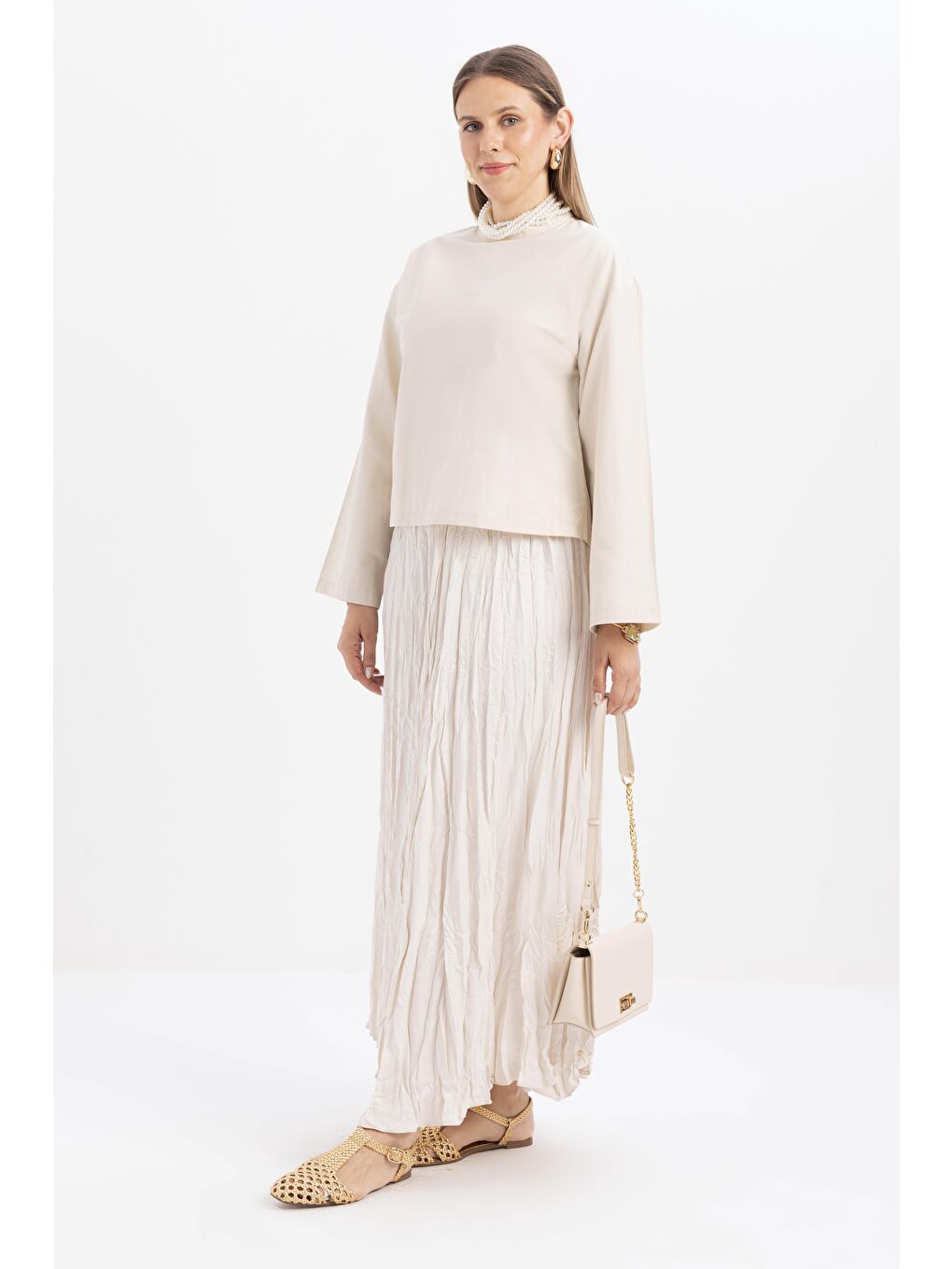 Bej Taş-Gizli Fermuarlı Yırtmaçlı Bluz-2