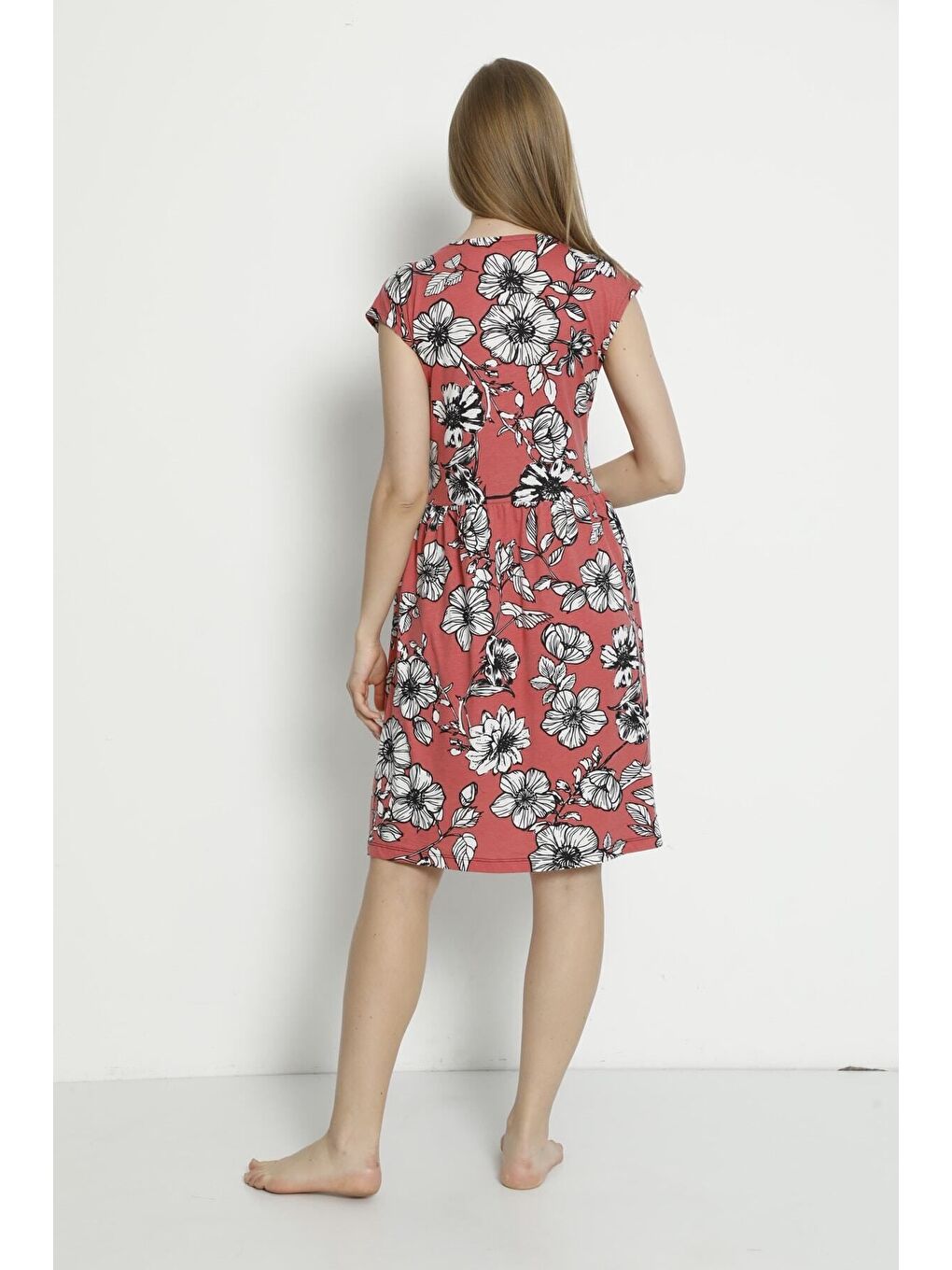 Kırmızı Kadın Kısa Kollu Desenli Düğmeli Cepli Penye Modal Pamuklu Elbise-6