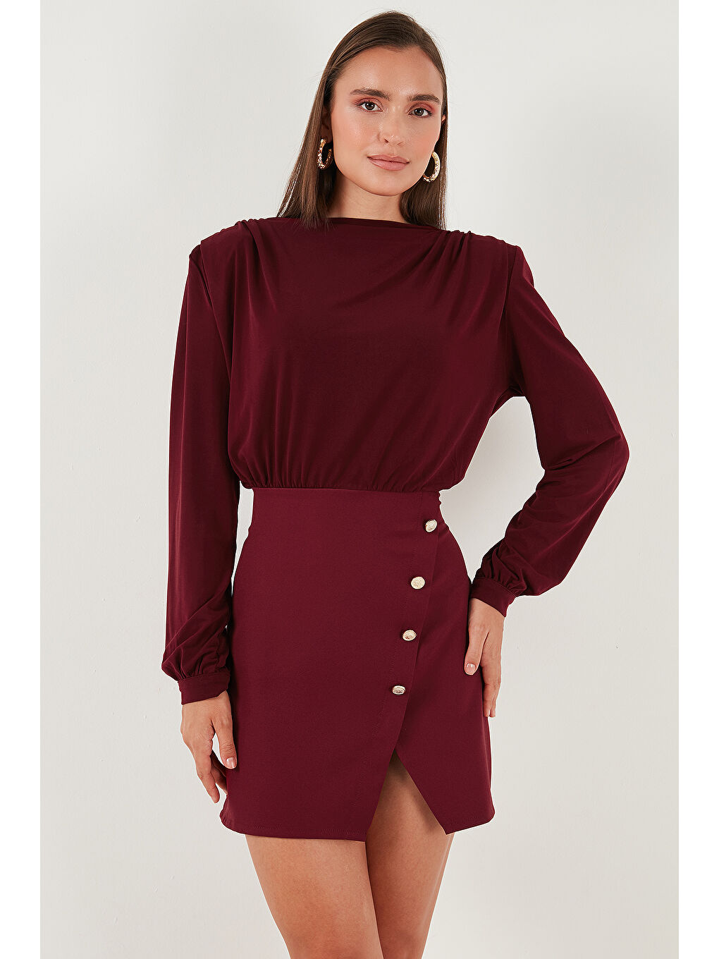 Bordo Vatkalı Regular Fit Yırtmaç Detaylı Dik Yaka Mini Boy Elbise 611EL751-2