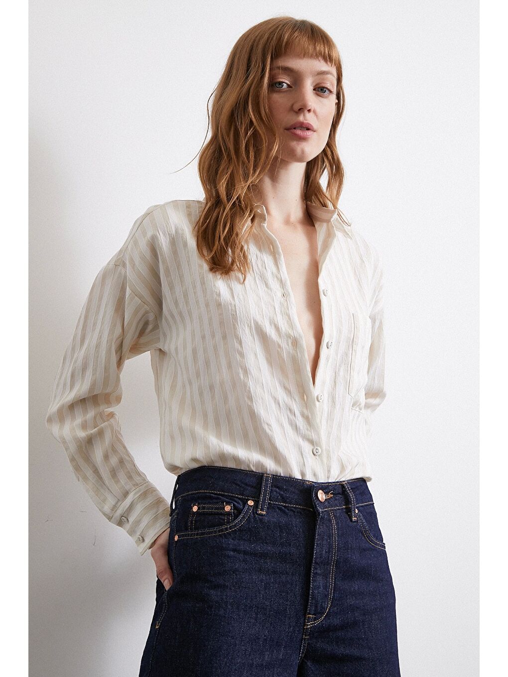 Multi Çizgili Cepli Gömlek Bej-2