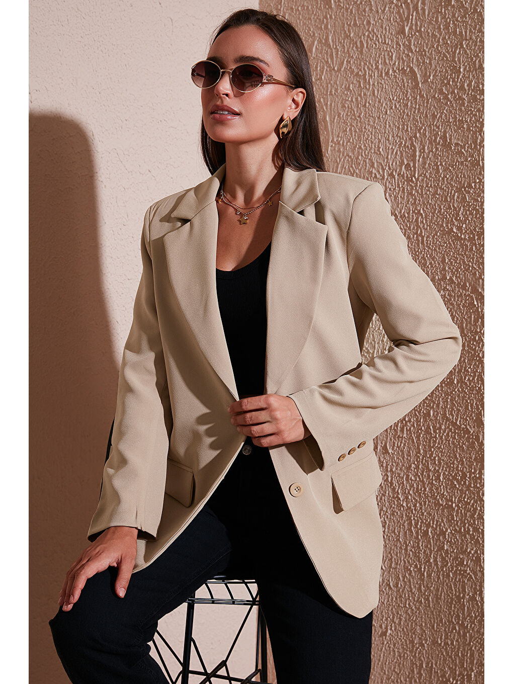 Bej Relaxed Fit Mono Yaka Cepli Blazer Ceket 611BC00132