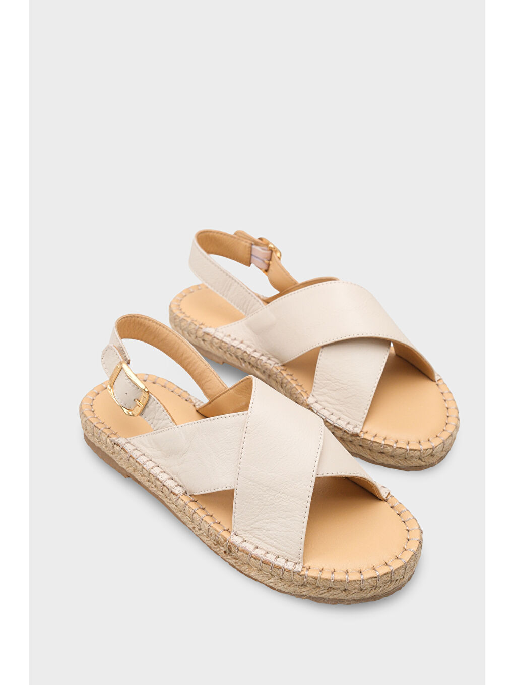Bej Lilian Hakiki Deri Espadril Tabanlı Kadın Sandalet-1