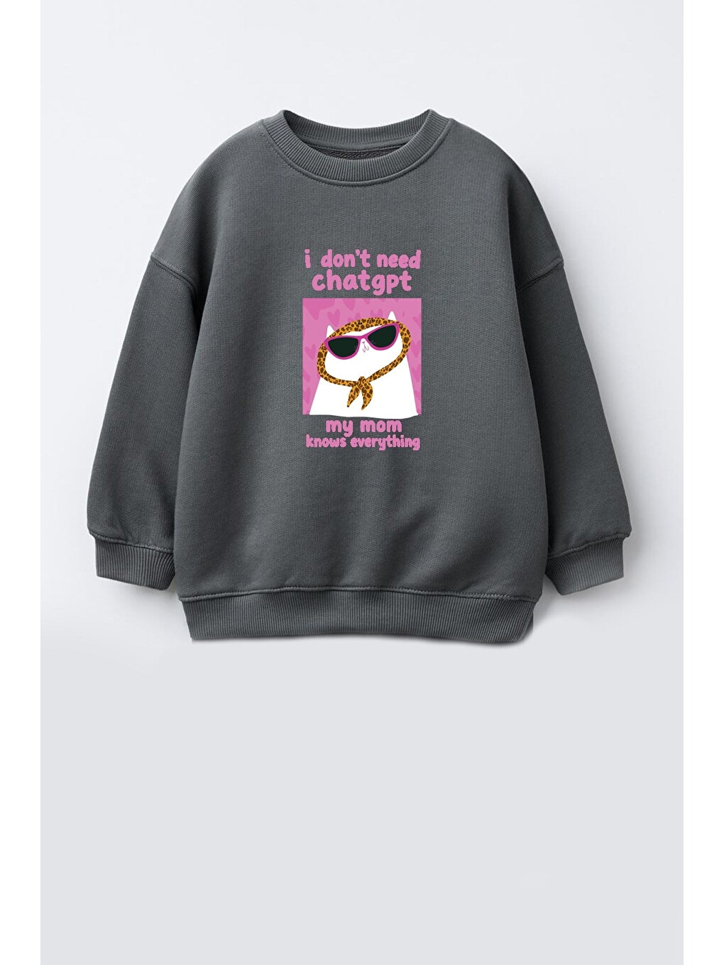Antrasit Kız Çocuk 3 İplik Kumaş Kedi Baskılı Pamuklu Sweatshirt