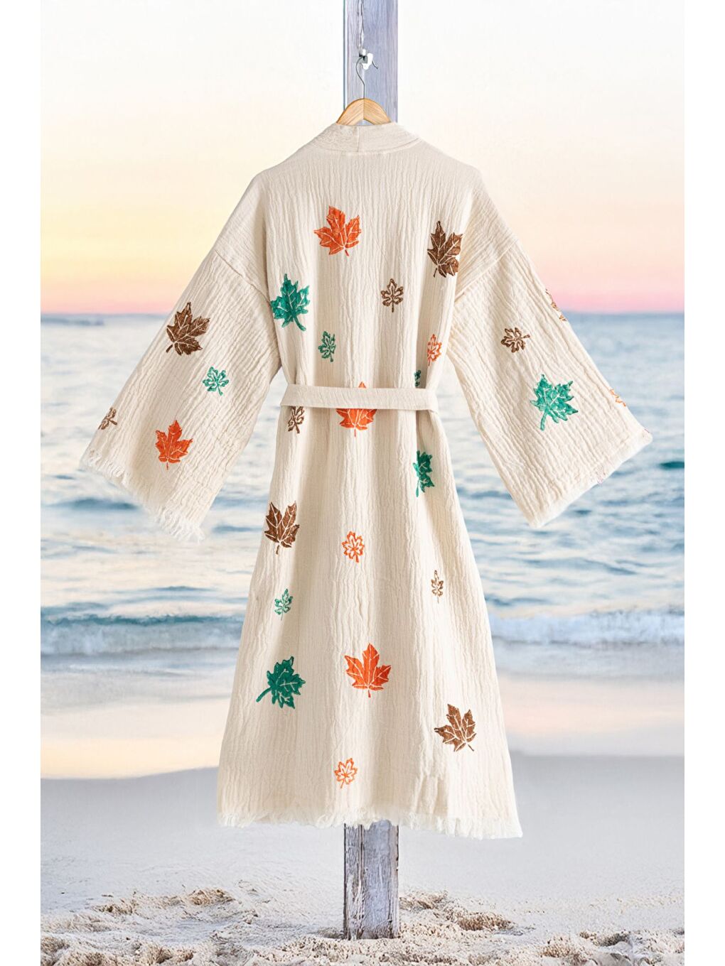 Ekru Organik %100 Pamuk Kimono Yaka Sabalık Bornoz Plaj Elbisesi - Sonbahar - S/M KREM/S/M-1