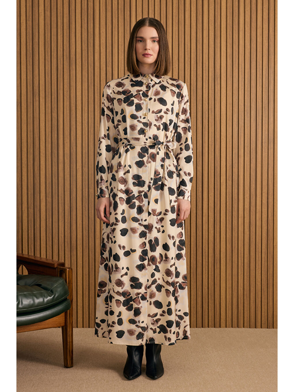 Ekru Desenli Elbise-2