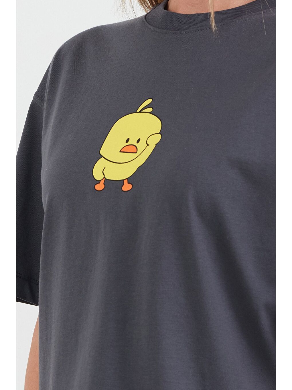 Antrasit Civciv Baskılı Kısa Kol Tişört-4