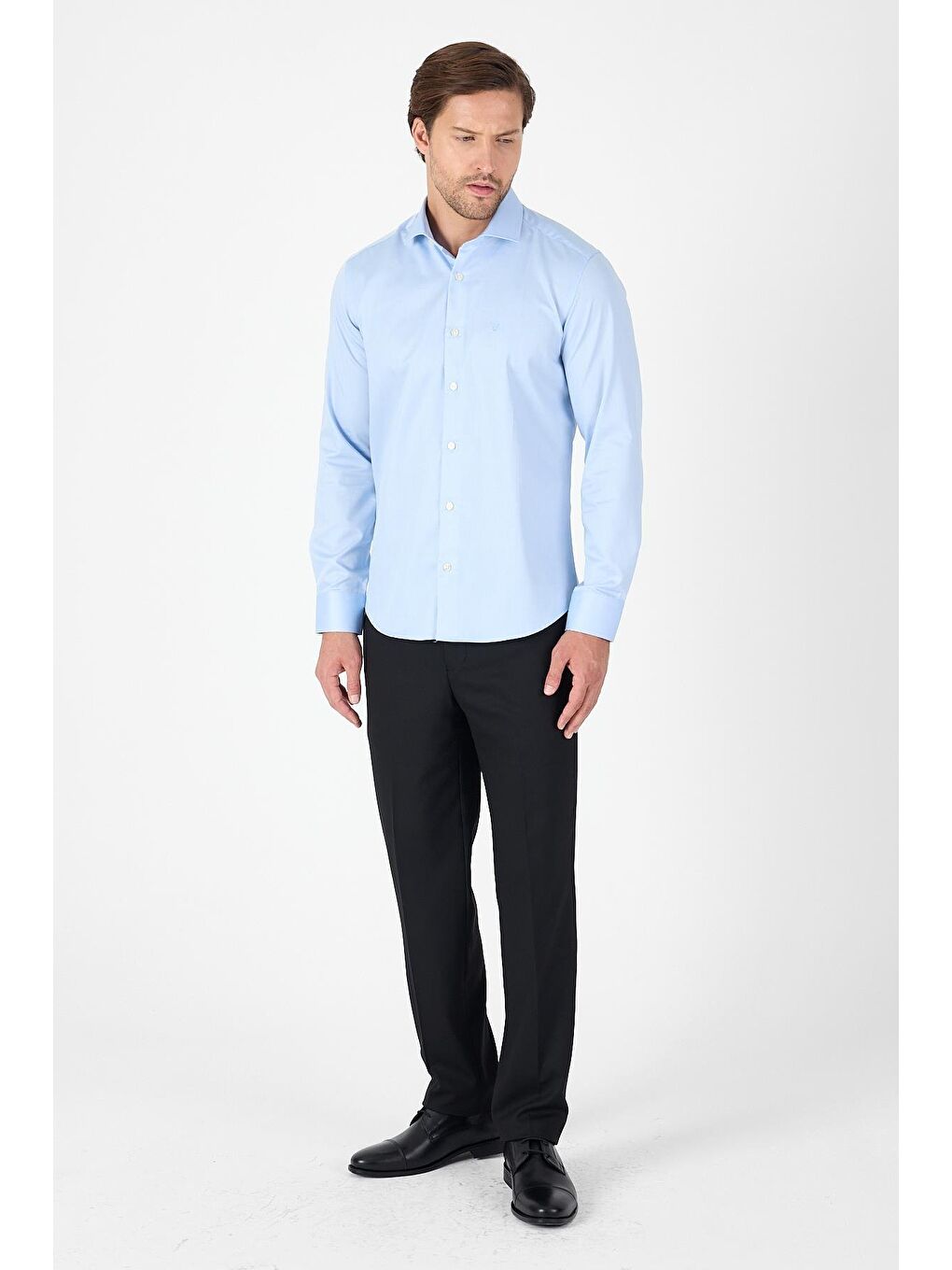 Koyu Mavi Uzun Kol Yarım İtalyan Yaka Cepsiz Non Iron Slim Fit Pamuklu Gömlek 1004250267-1