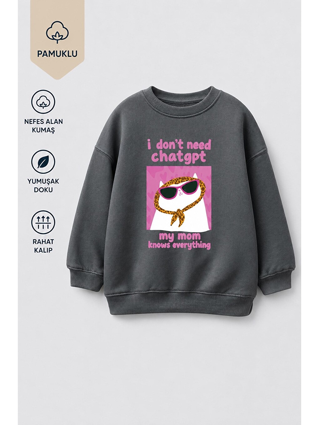 Antrasit Kız Çocuk 3 İplik Kumaş Kedi Baskılı Pamuklu Sweatshirt-1