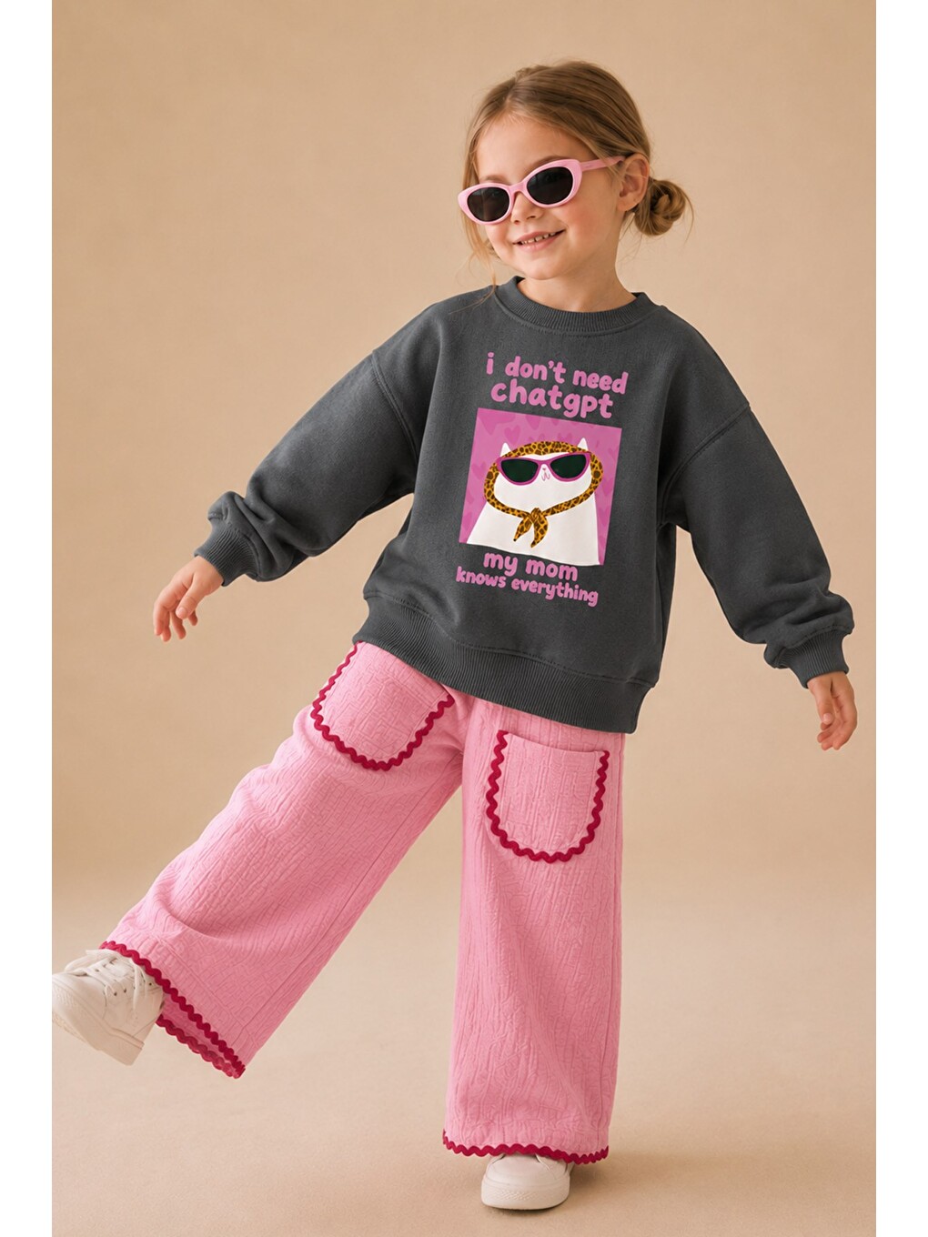 Antrasit Kız Çocuk 3 İplik Kumaş Kedi Baskılı Pamuklu Sweatshirt-2