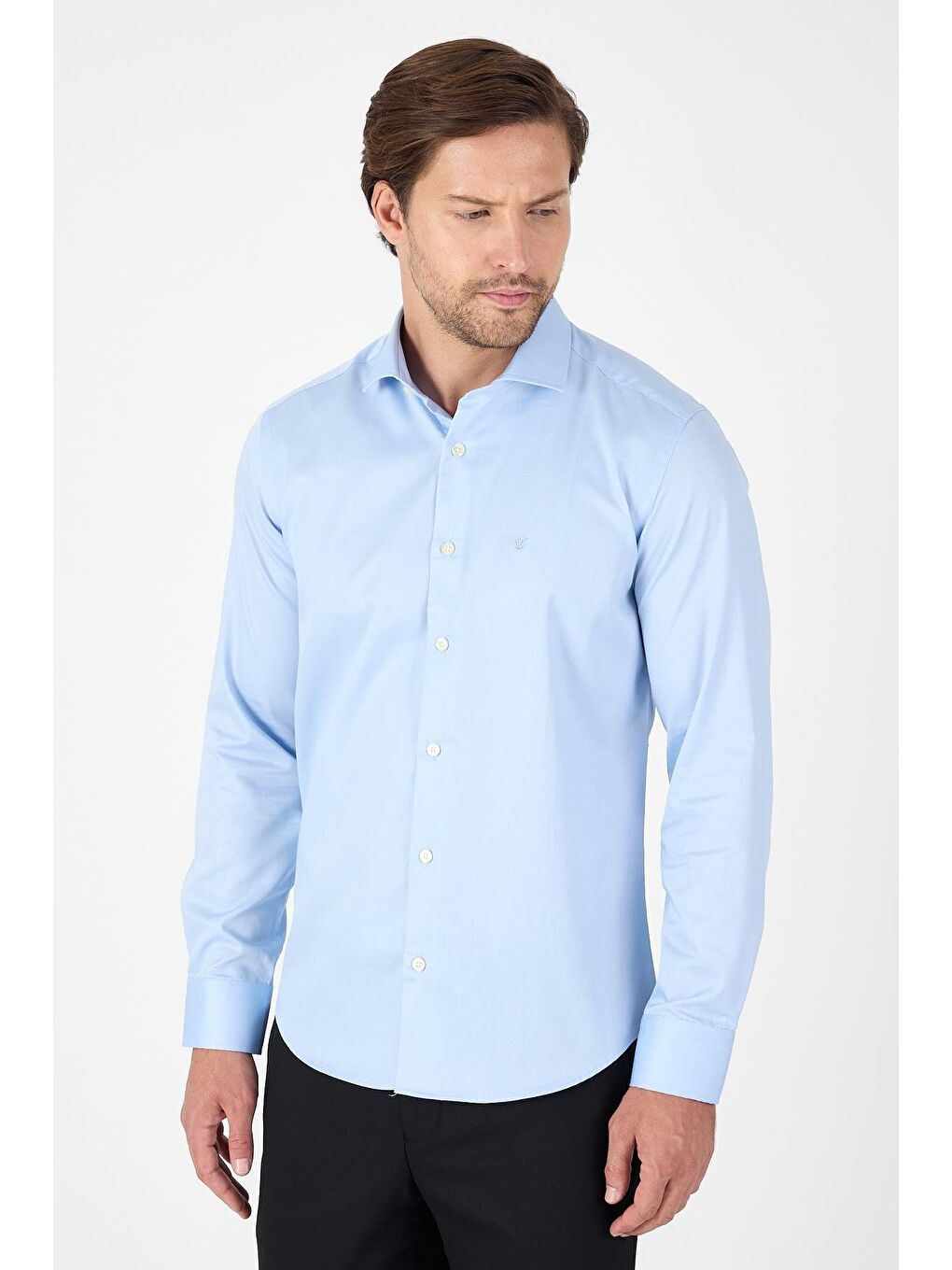 Koyu Mavi Uzun Kol Yarım İtalyan Yaka Cepsiz Non Iron Slim Fit Pamuklu Gömlek 1004250267-2