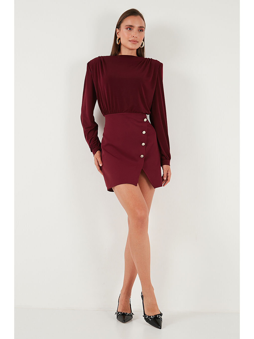 Bordo Vatkalı Regular Fit Yırtmaç Detaylı Dik Yaka Mini Boy Elbise 611EL751-3