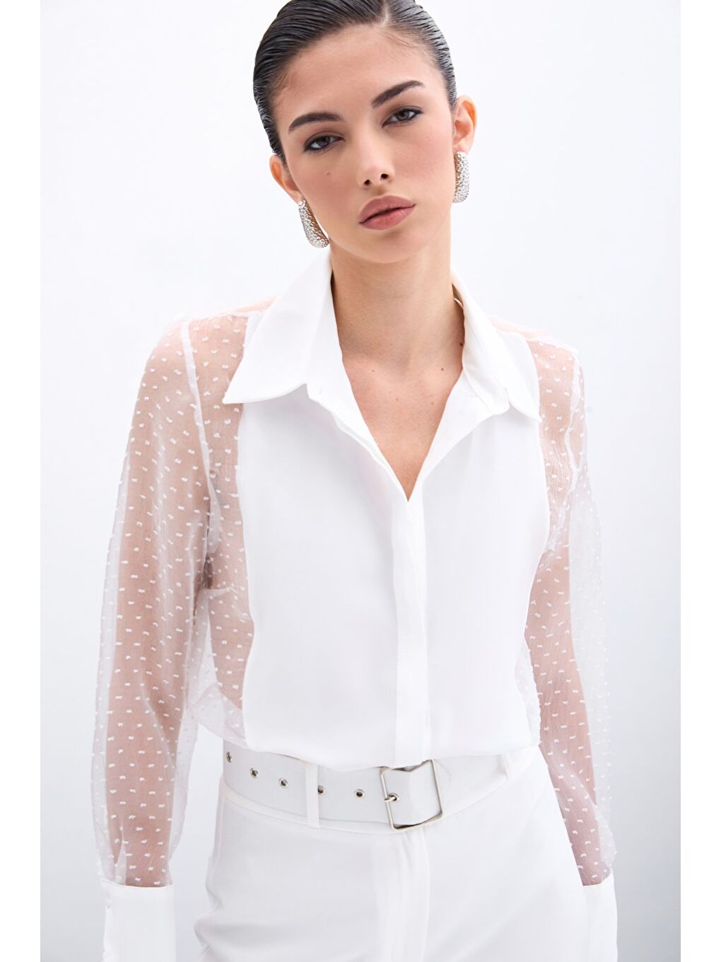 Organze Detaylı Gömlek - Ekru-2