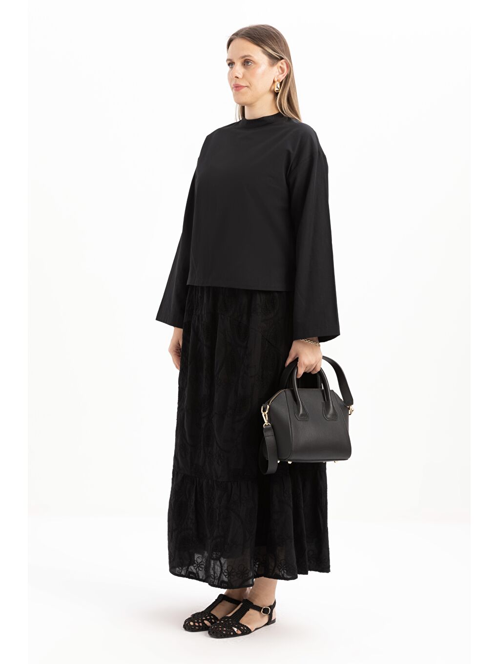 Siyah-Gizli Fermuarlı Yırtmaçlı Bluz-1