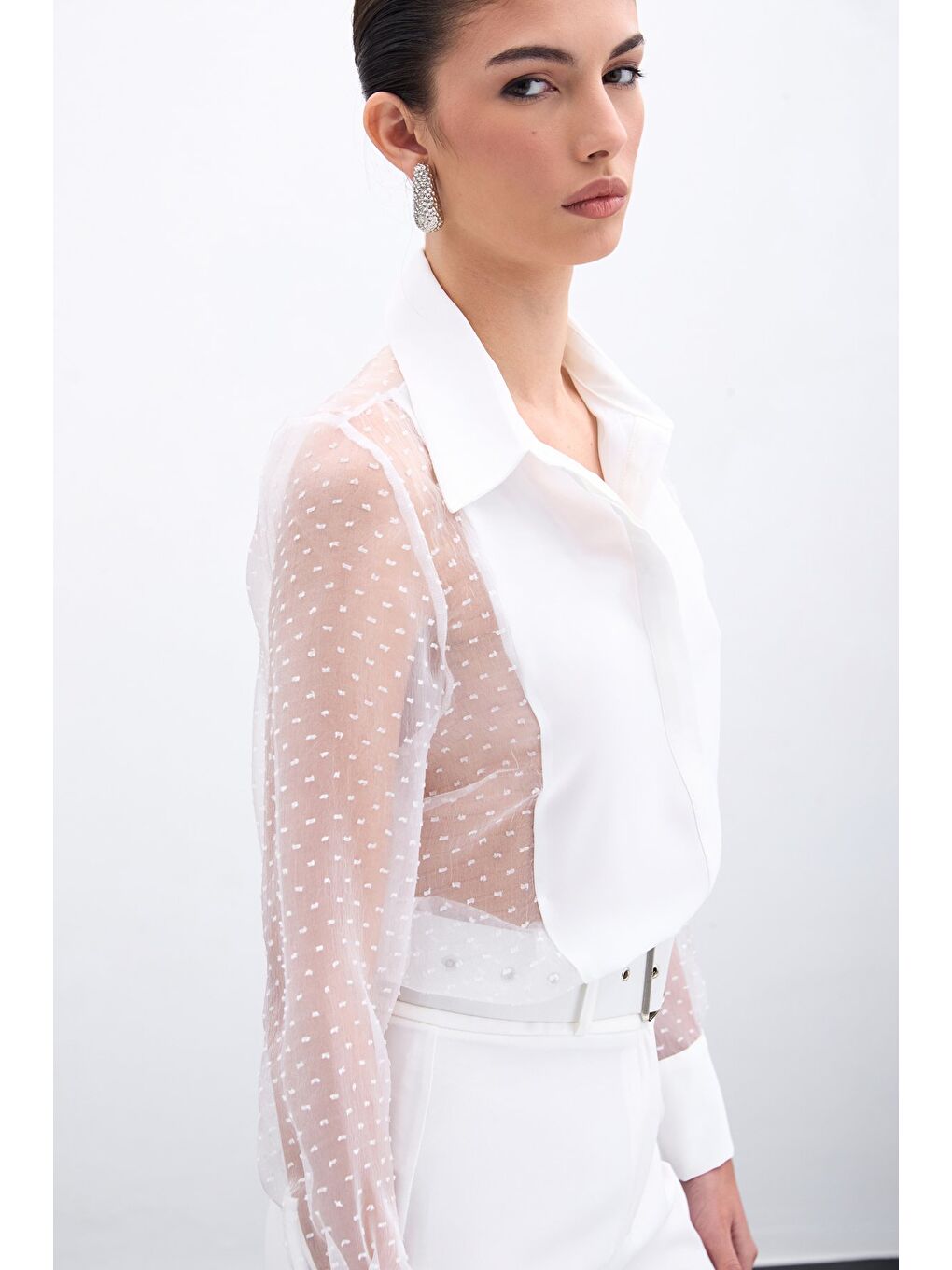 Organze Detaylı Gömlek - Ekru-3