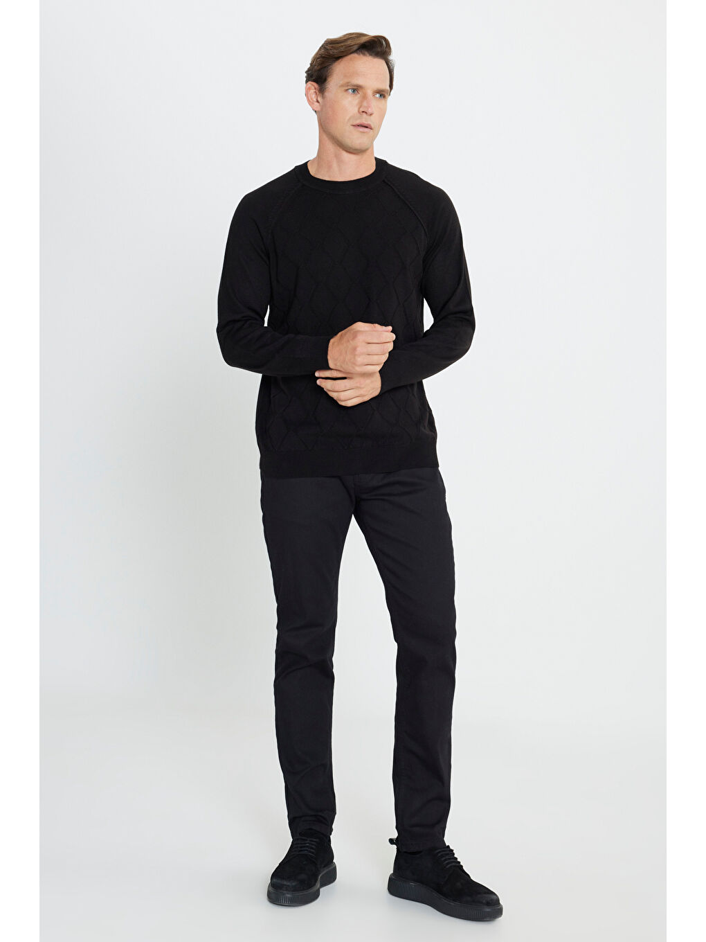 Erkek Siyah Standart Fit Normal Kesim Bisiklet Yaka Jakarlı Triko Kazak-1