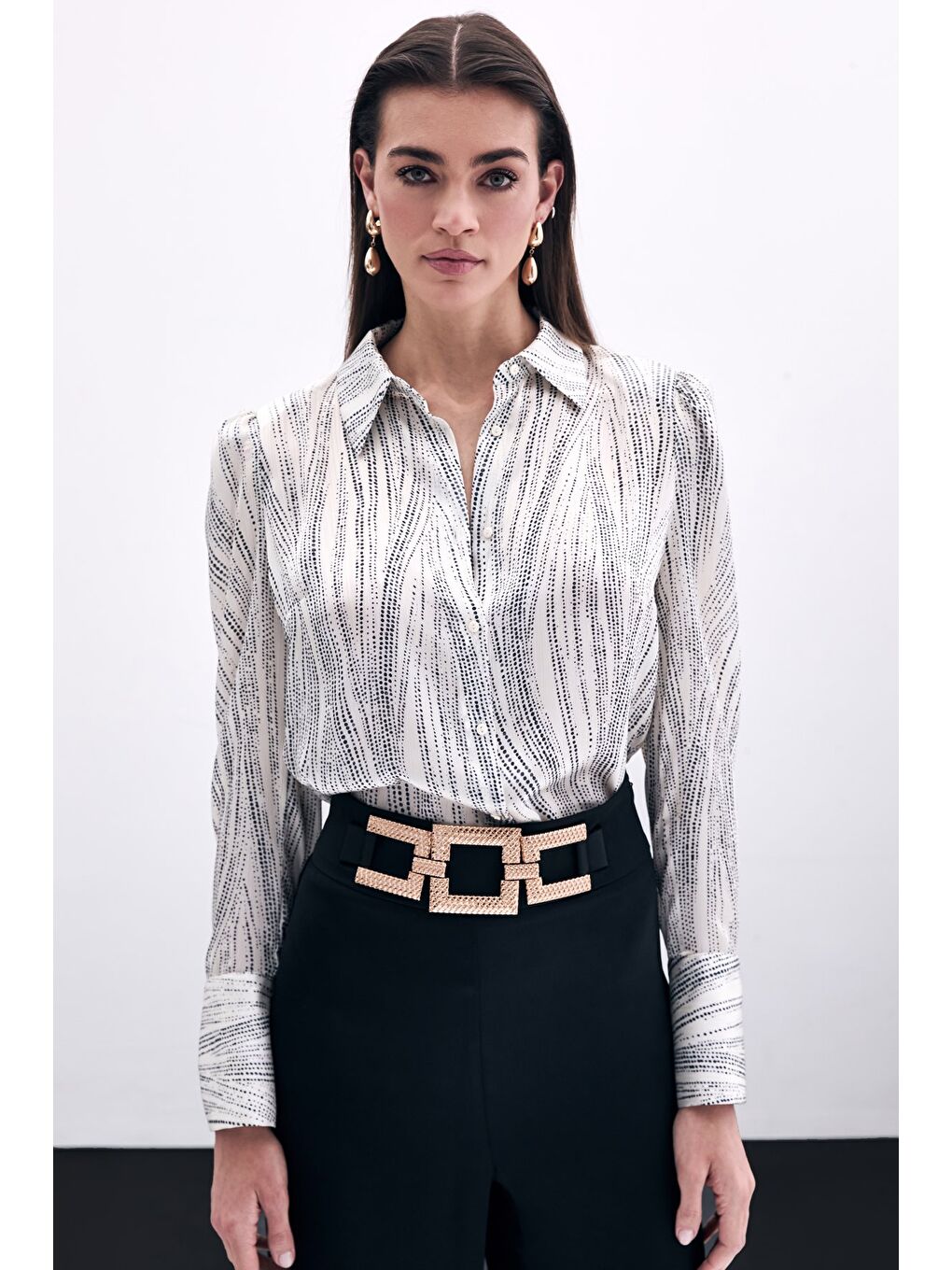 Lila Geniş Manşetli Gömlek - Ekru-Siyah-4