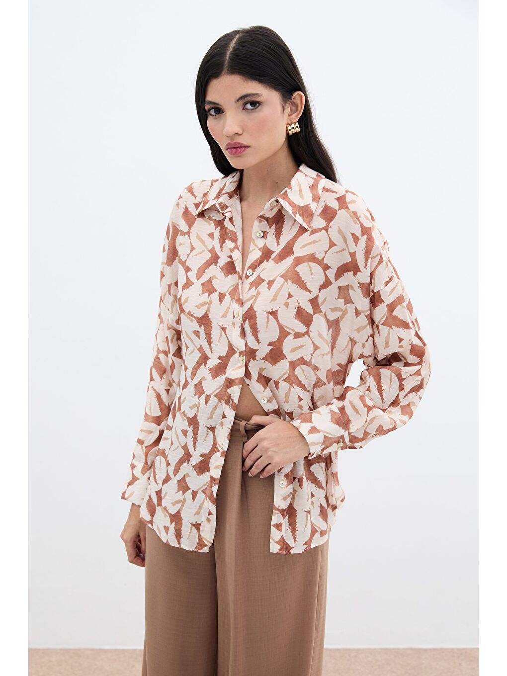 Kahverengi Desenli Viskon Gömlek - Kahve-1