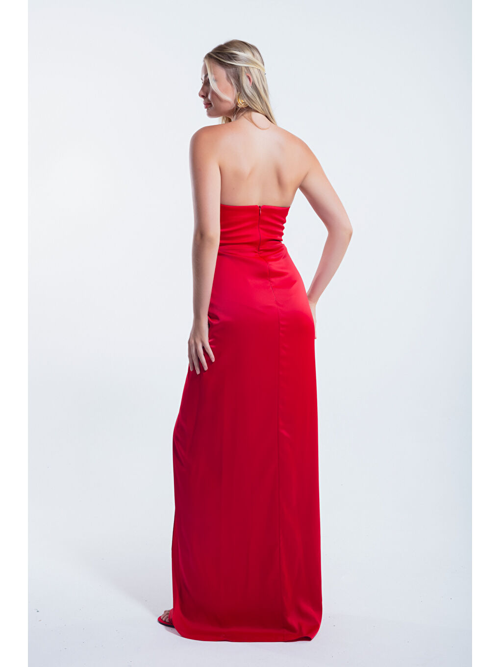 Kadın Kırmızı Kruvaze Astarlı Dokuma Korse Detaylı Saten Uzun Abiye Elbise-4