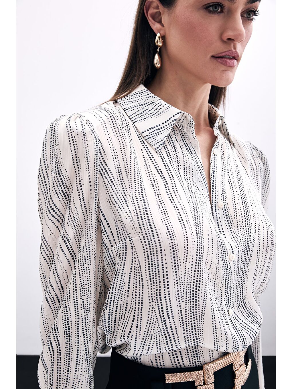 Lila Geniş Manşetli Gömlek - Ekru-Siyah-5