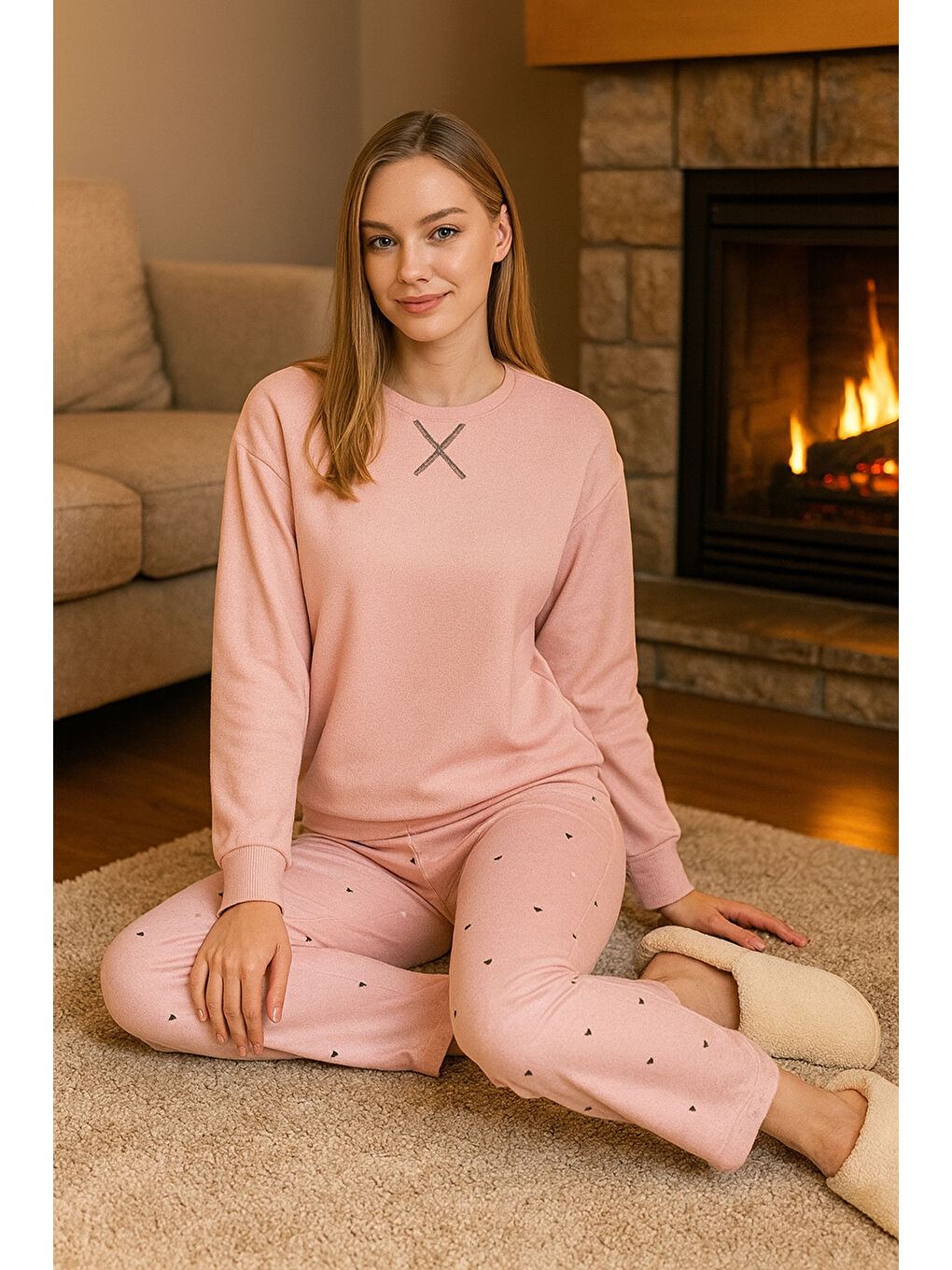 Pembe Kadın Waffle Kumaş Kalp Desen Pijama Takımı 70907 Pudra01-1