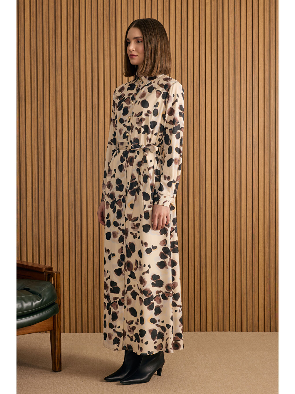 Ekru Desenli Elbise-3