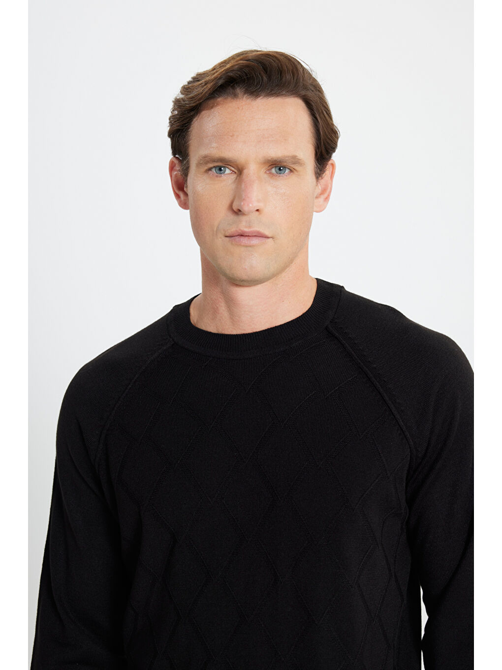 Erkek Siyah Standart Fit Normal Kesim Bisiklet Yaka Jakarlı Triko Kazak-3