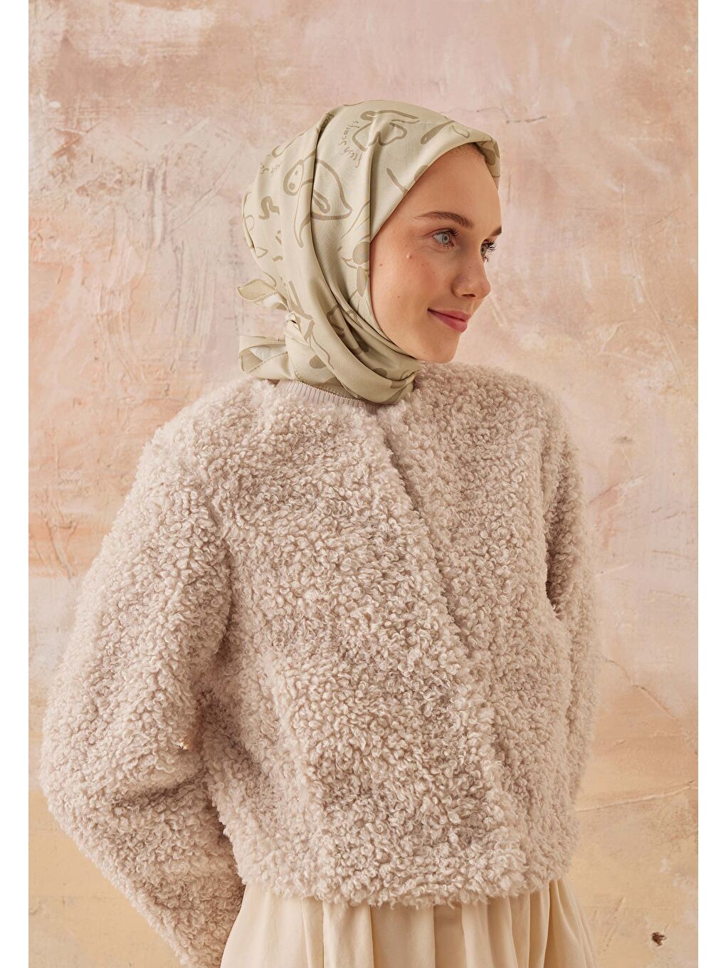 Luna Desen Pamuk İpek Eşarp Bej-2