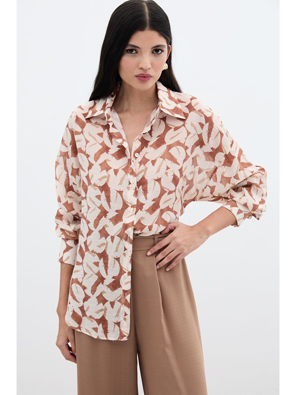 Kahverengi Desenli Viskon Gömlek - Kahve-3