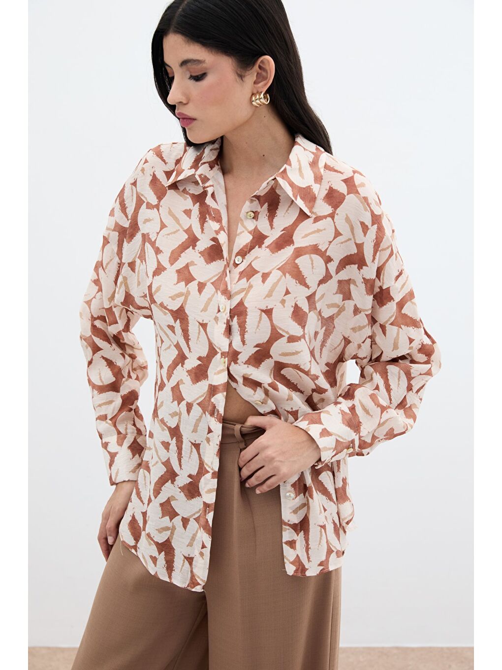 Kahverengi Desenli Viskon Gömlek - Kahve-4