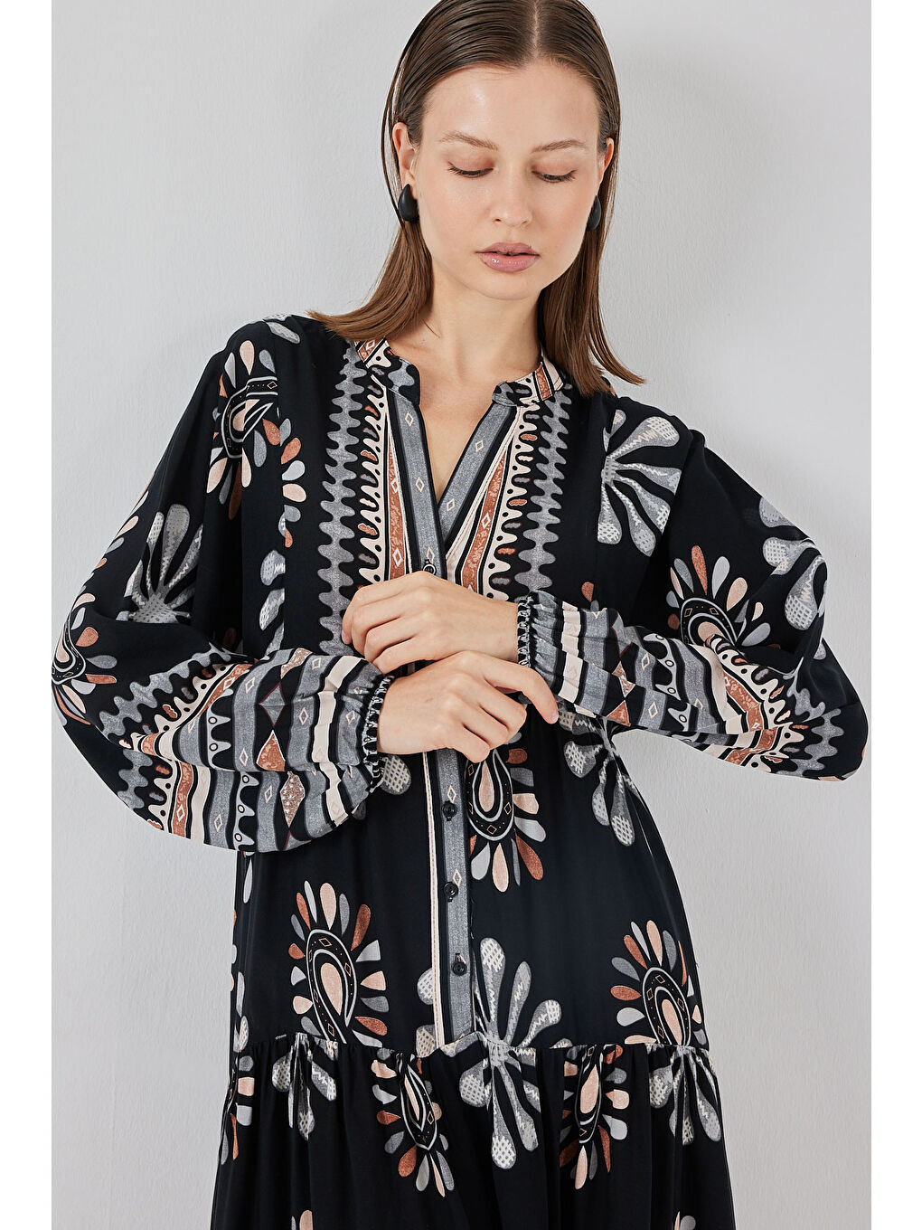 Kadın Desenli Uzun Tesettür Elbise 2585 - A.Siyah-2