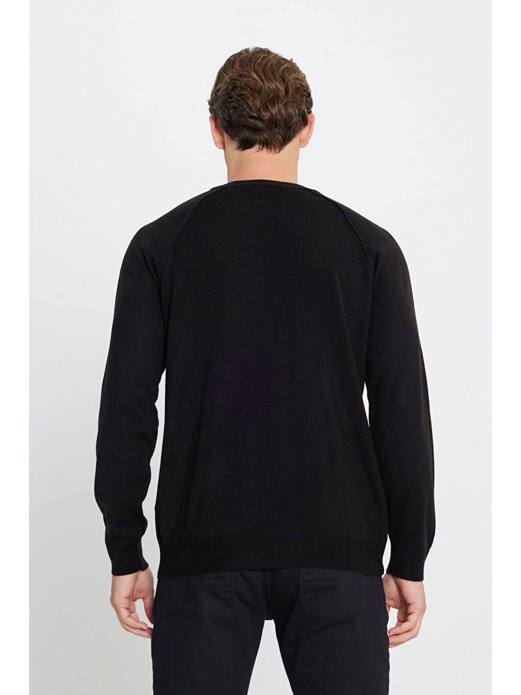 Erkek Siyah Standart Fit Normal Kesim Bisiklet Yaka Jakarlı Triko Kazak-4