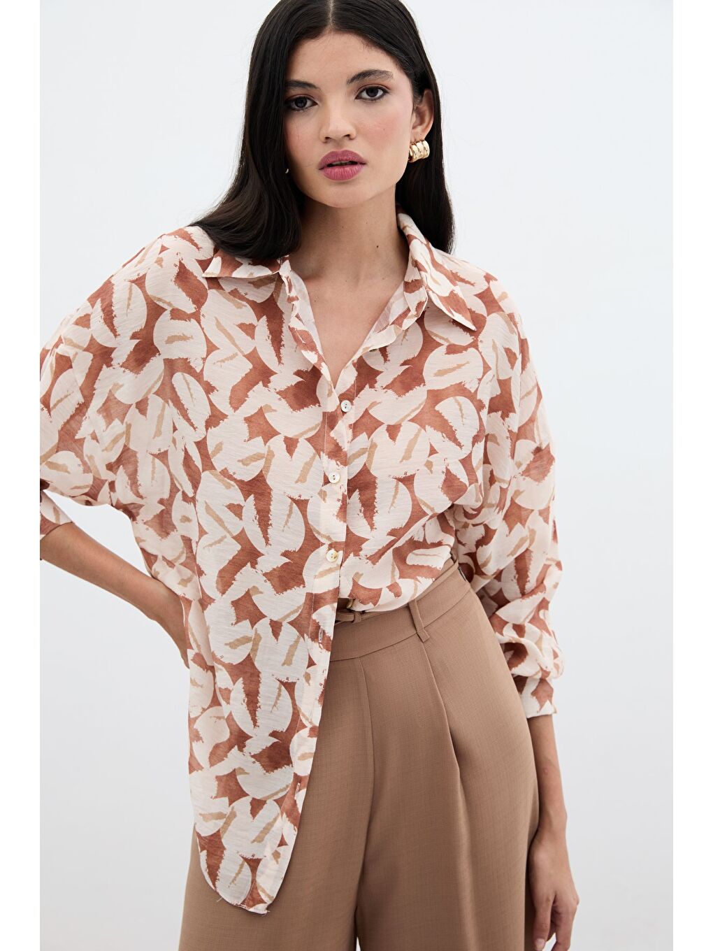 Kahverengi Desenli Viskon Gömlek - Kahve-5