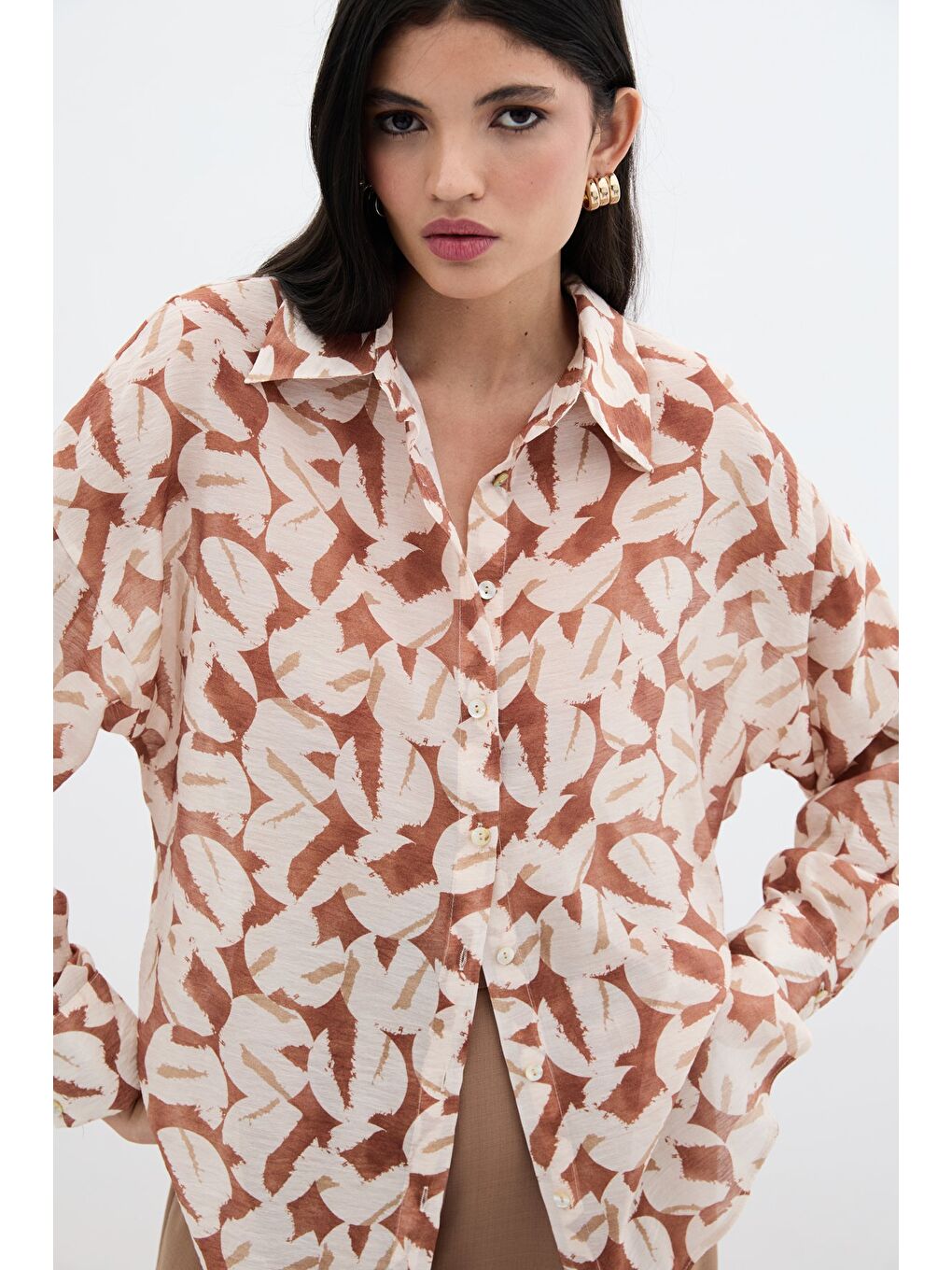 Kahverengi Desenli Viskon Gömlek - Kahve-6