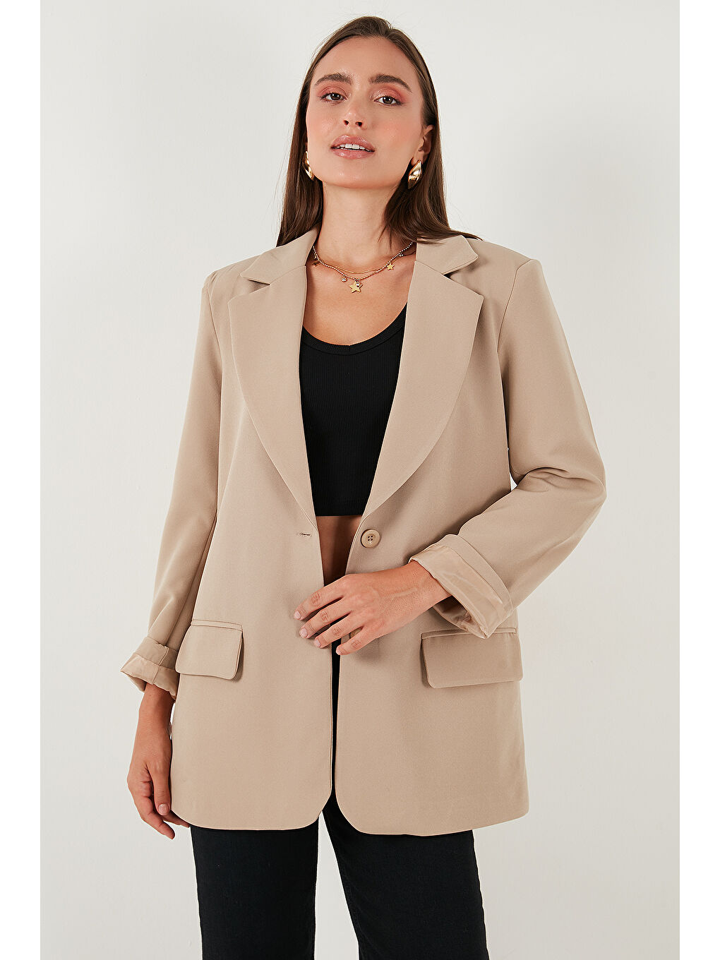 Bej Relaxed Fit Mono Yaka Cepli Blazer Ceket 611BC00132-2