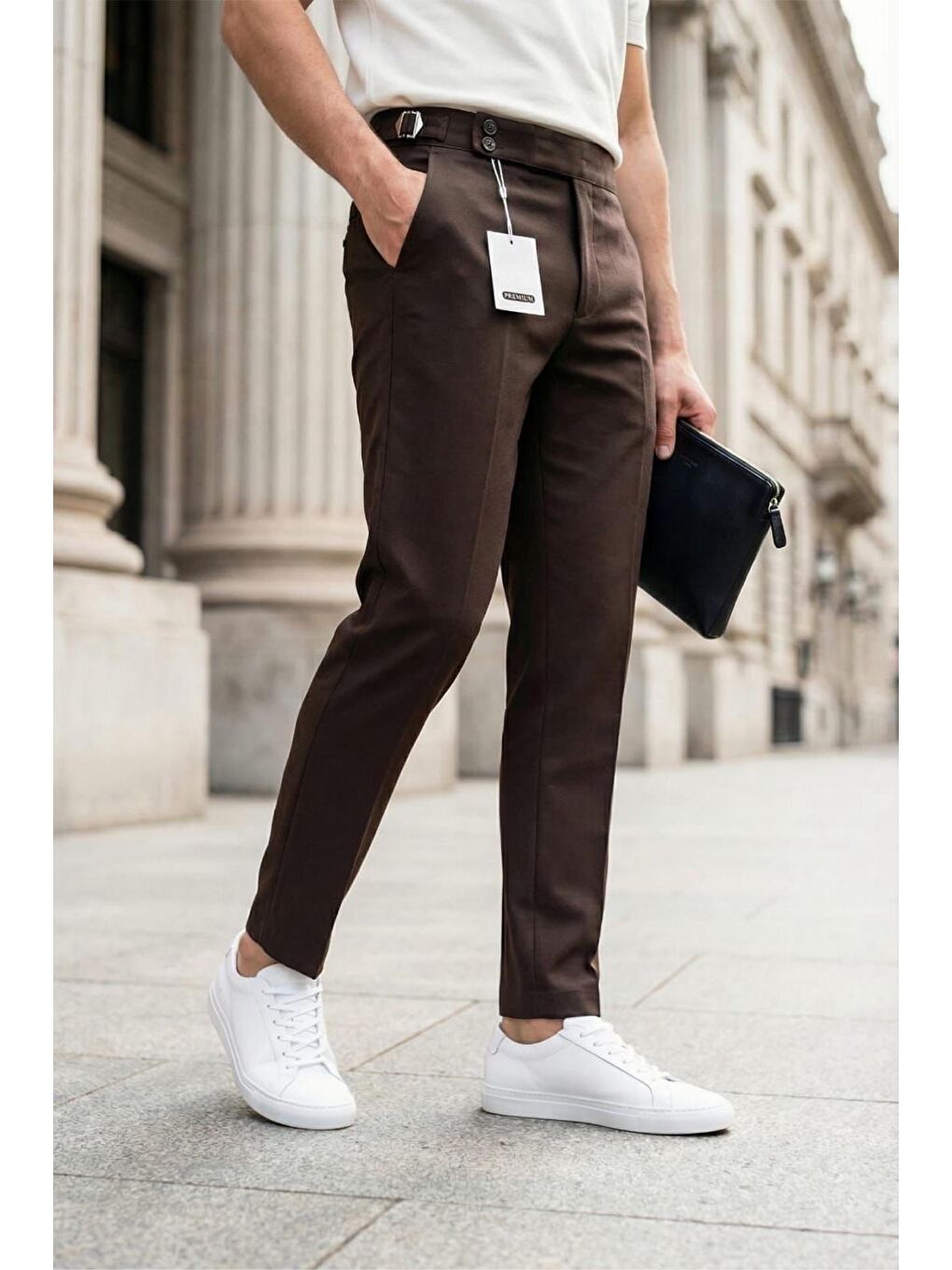 Kahverengi Gurkha Stil Yan Ayarlı Metal Tokalı Slim Fit Erkek Kumaş Pantolon Özel Kesim Kruvaze Bel