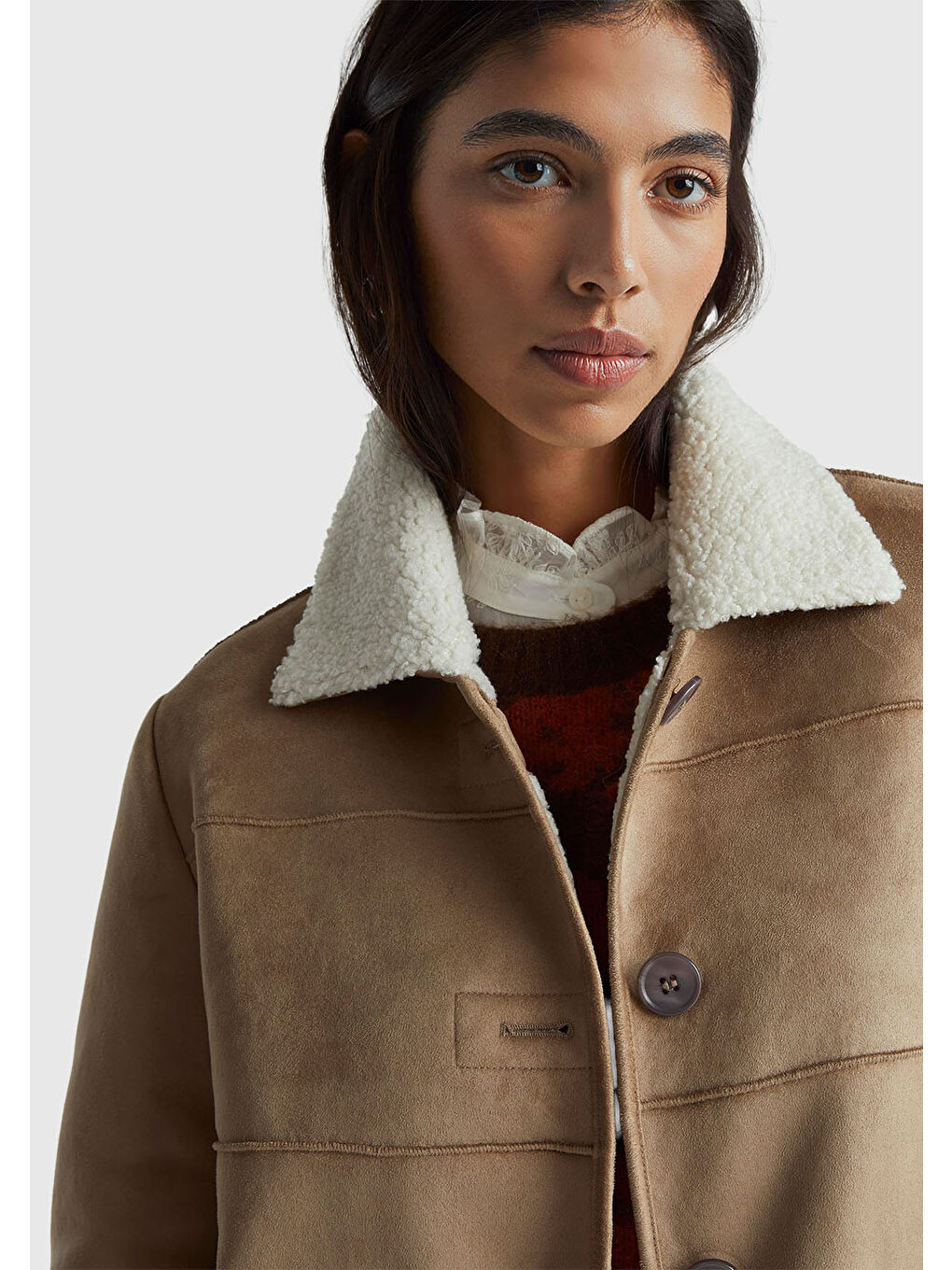 Kahverengi Kadın Taba Kürk Detaylı Cepli Önü Düğmeli Mont-5